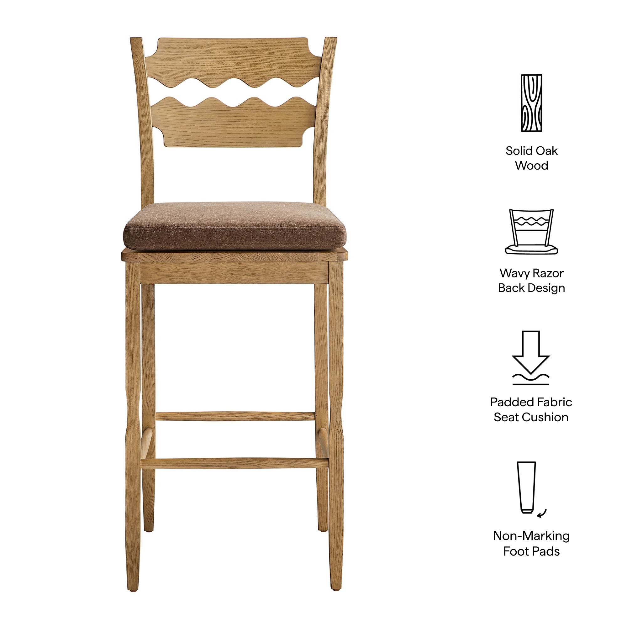 Jax Oak Wood Bar Stool With Wavy Razor Back and Cushion, Weathered Oak Cocoa