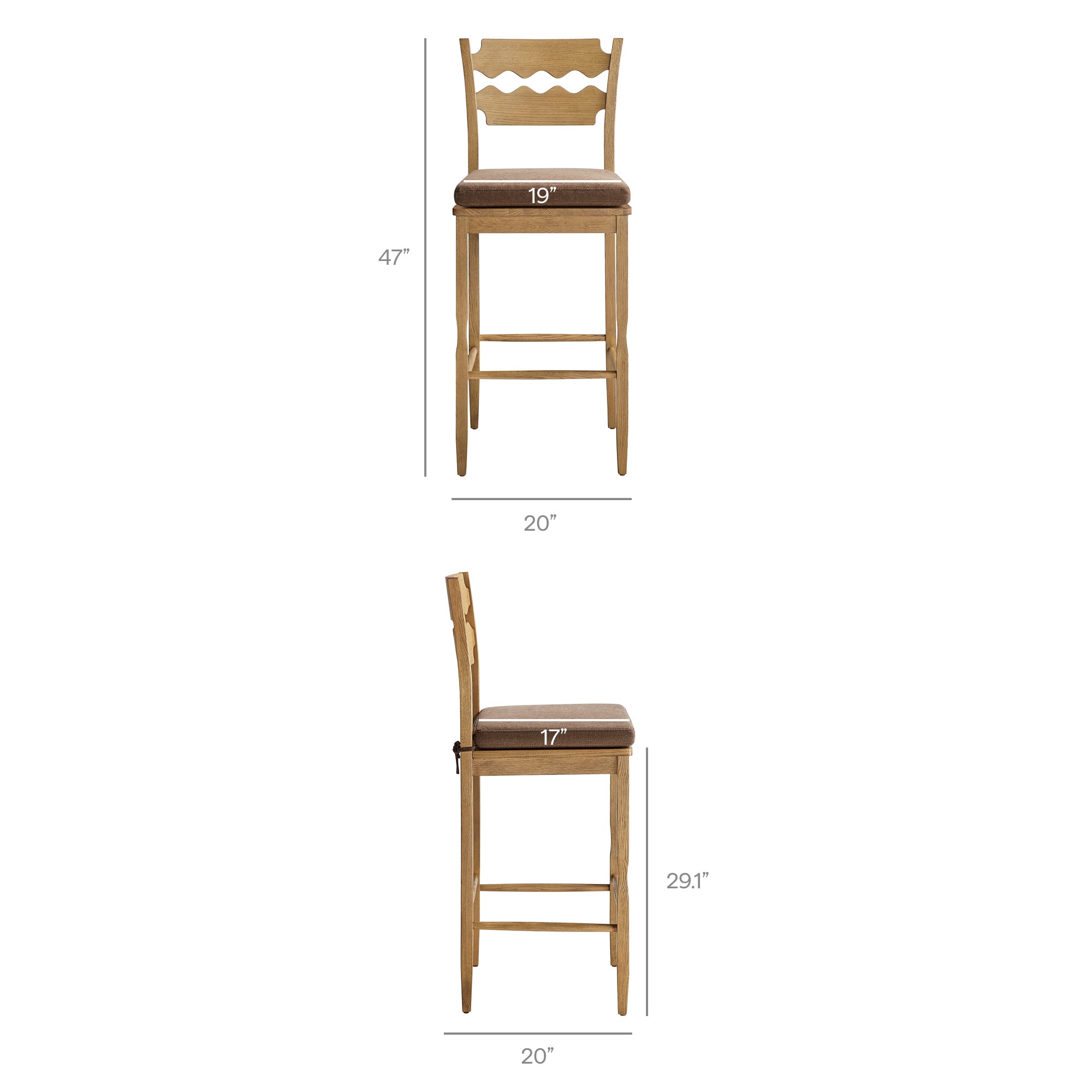 Jax Oak Wood Bar Stool With Wavy Razor Back and Cushion, Weathered Oak Cocoa