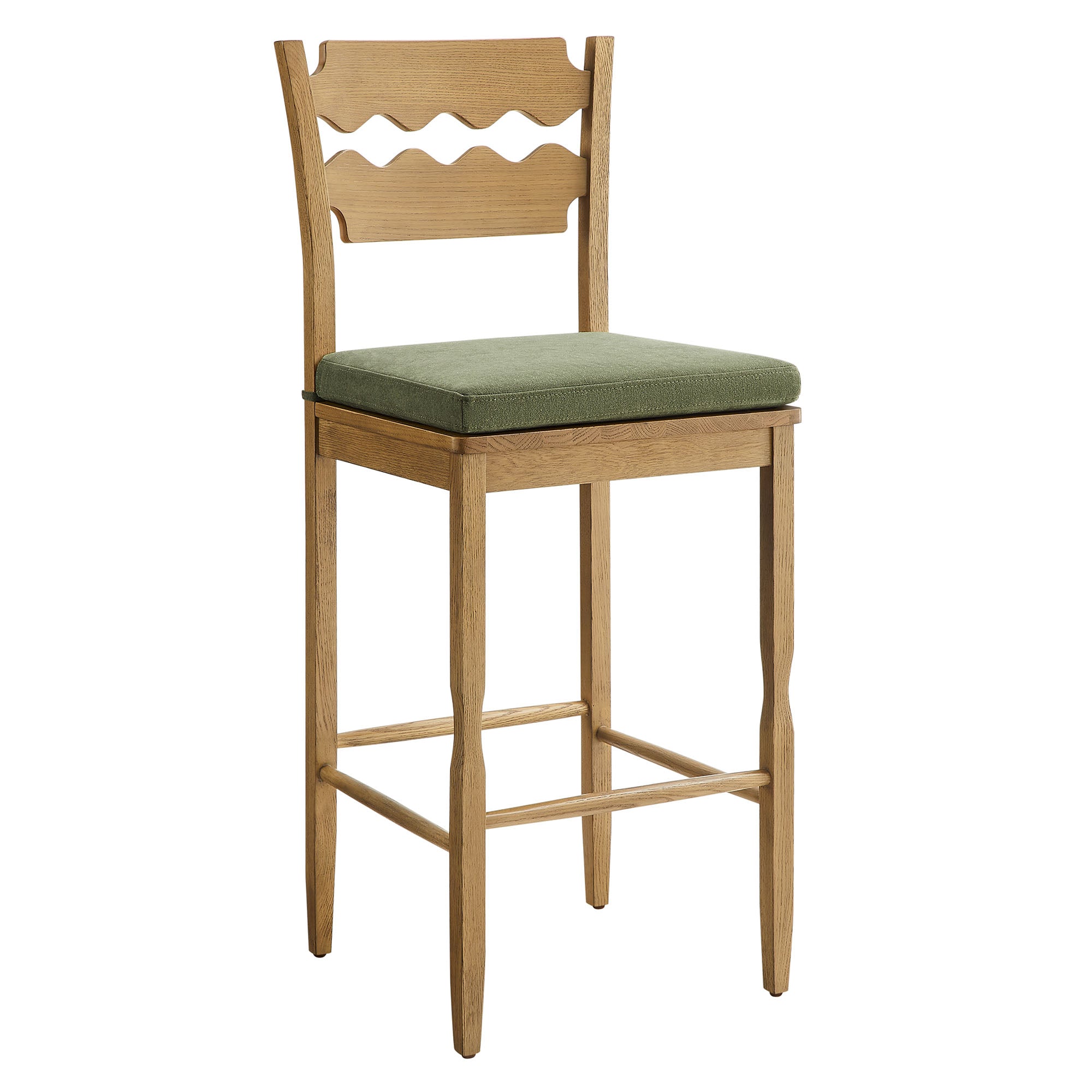 Jax Oak Wood Bar Stool With Wavy Razor Back and Cushion, Weathered Oak Sage