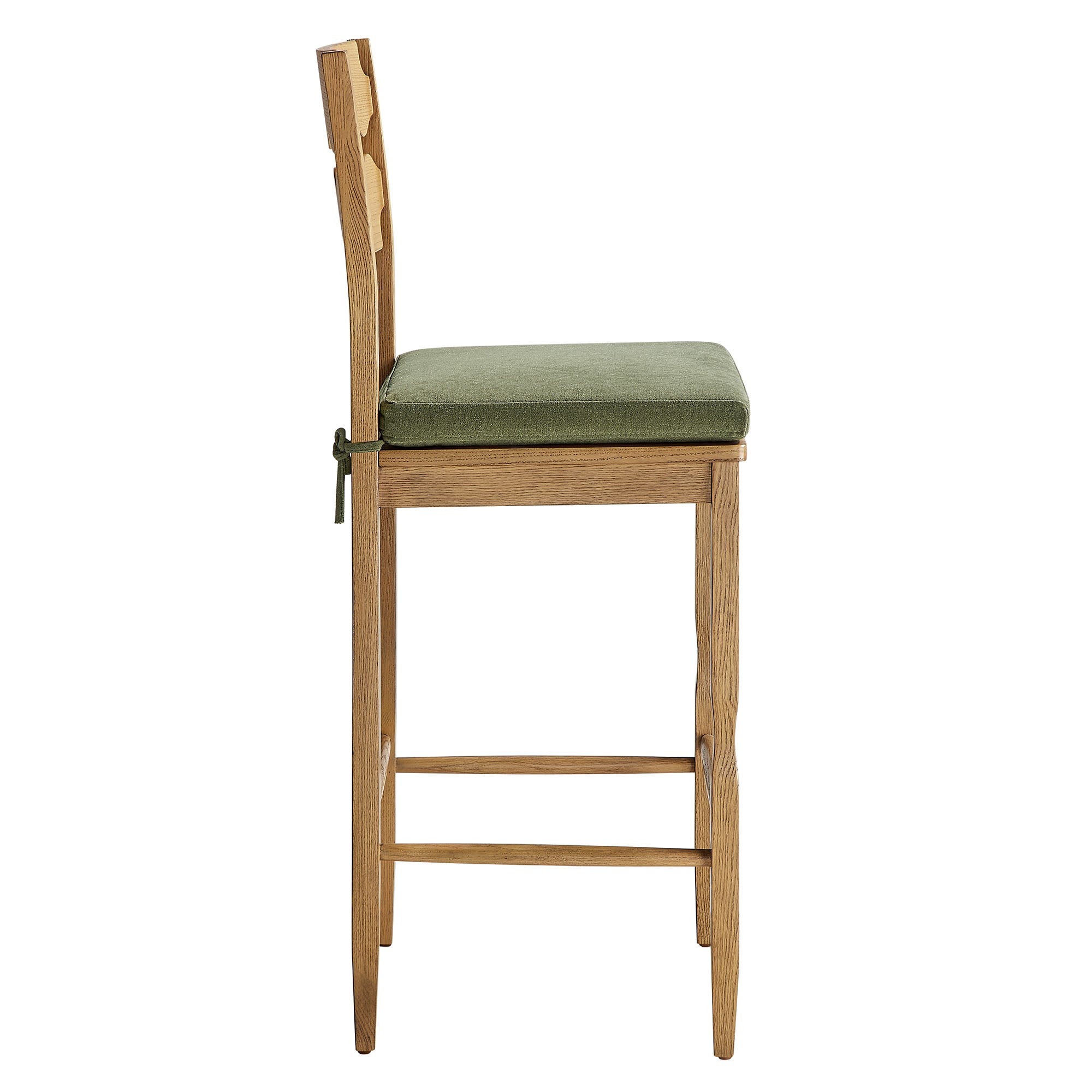 Jax Oak Wood Bar Stool With Wavy Razor Back and Cushion, Weathered Oak Sage