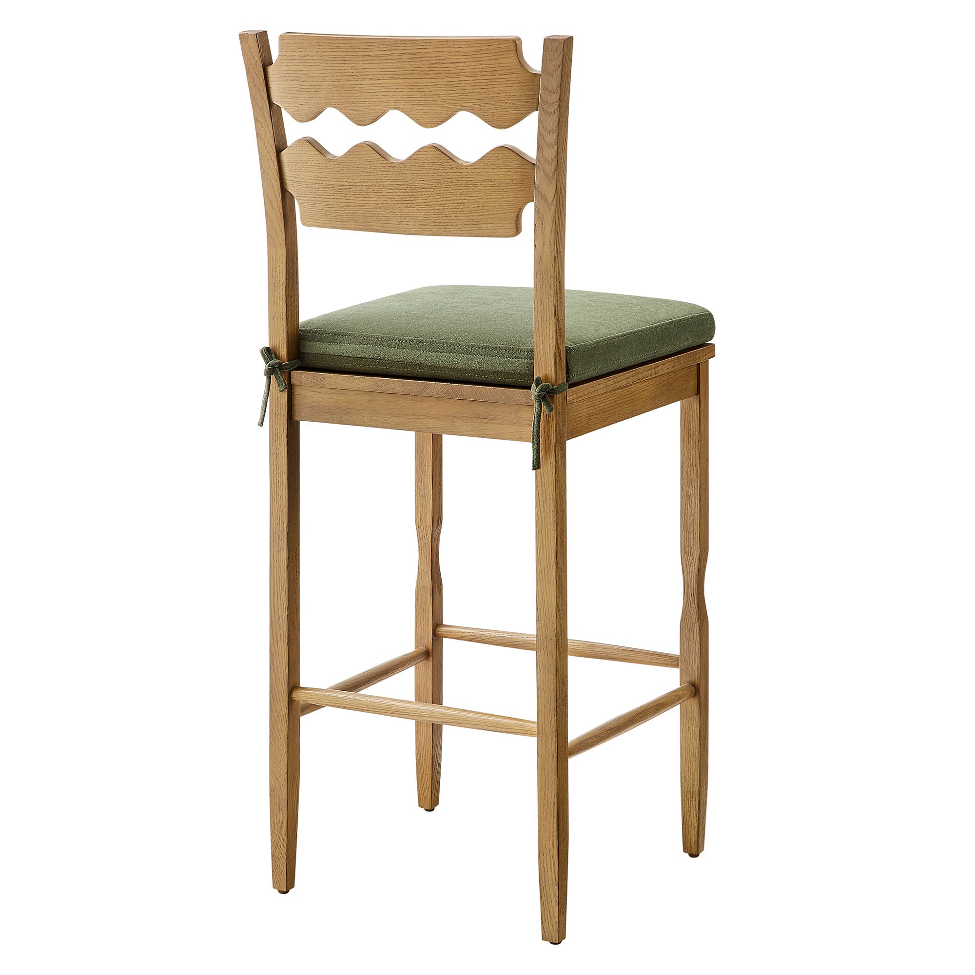 Jax Oak Wood Bar Stool With Wavy Razor Back and Cushion, Weathered Oak Sage