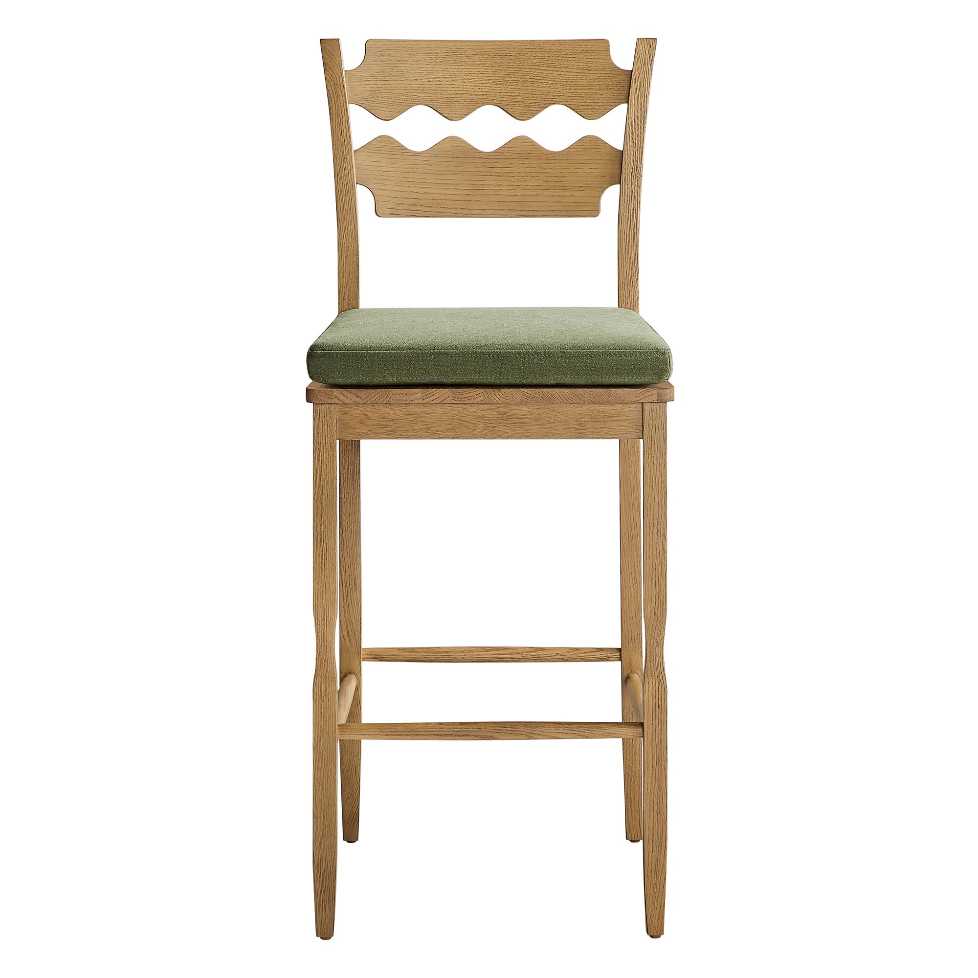 Jax Oak Wood Bar Stool With Wavy Razor Back and Cushion, Weathered Oak Sage
