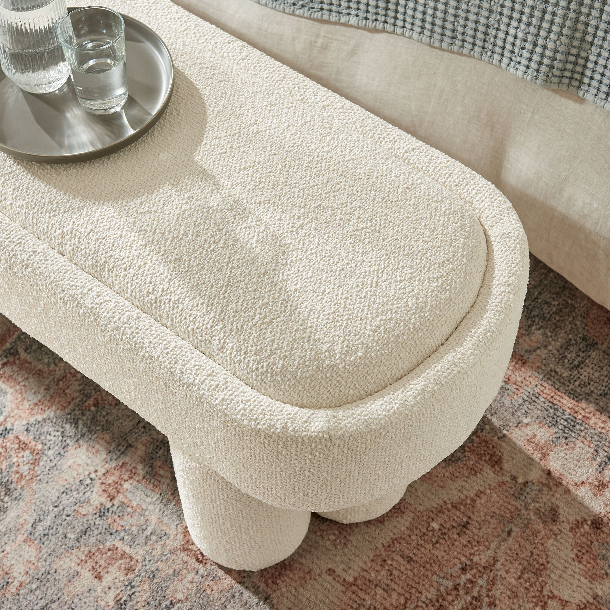 Mossi 52-Inch Oval Boucle Fabric Bench, Cream