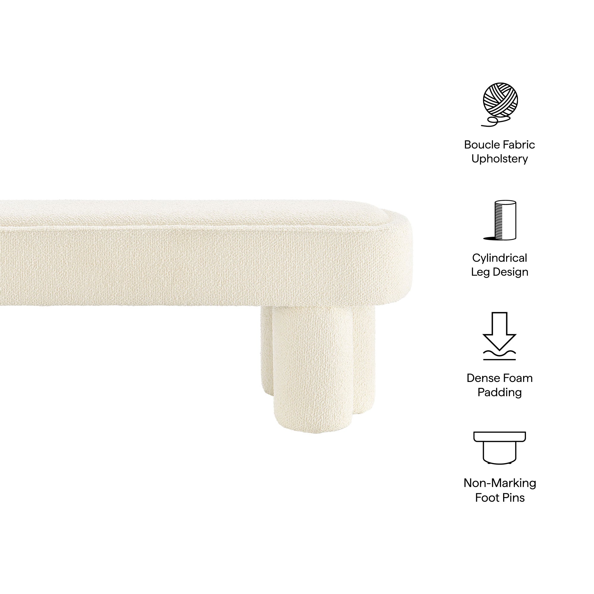 Mossi 52-Inch Oval Boucle Fabric Bench, Cream