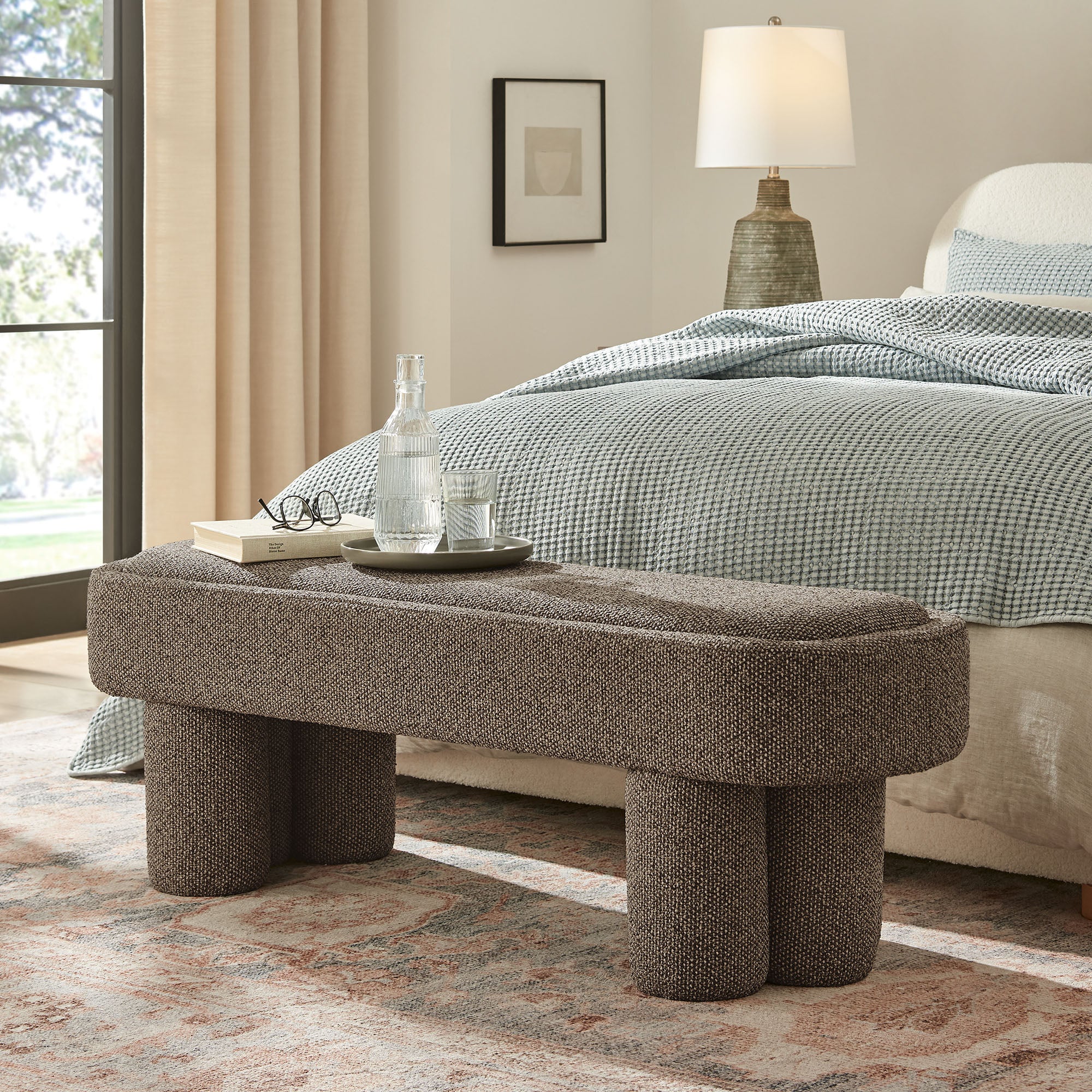 Mossi 52-Inch Oval Boucle Fabric Bench, Earth