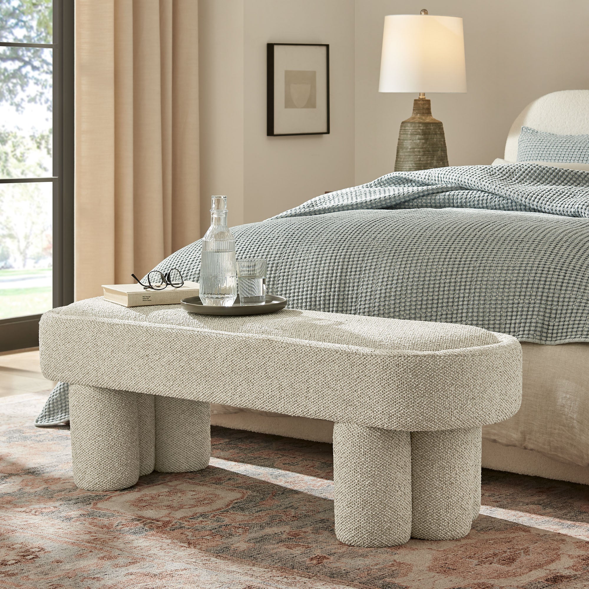 Mossi 52-Inch Oval Boucle Fabric Bench, Marble