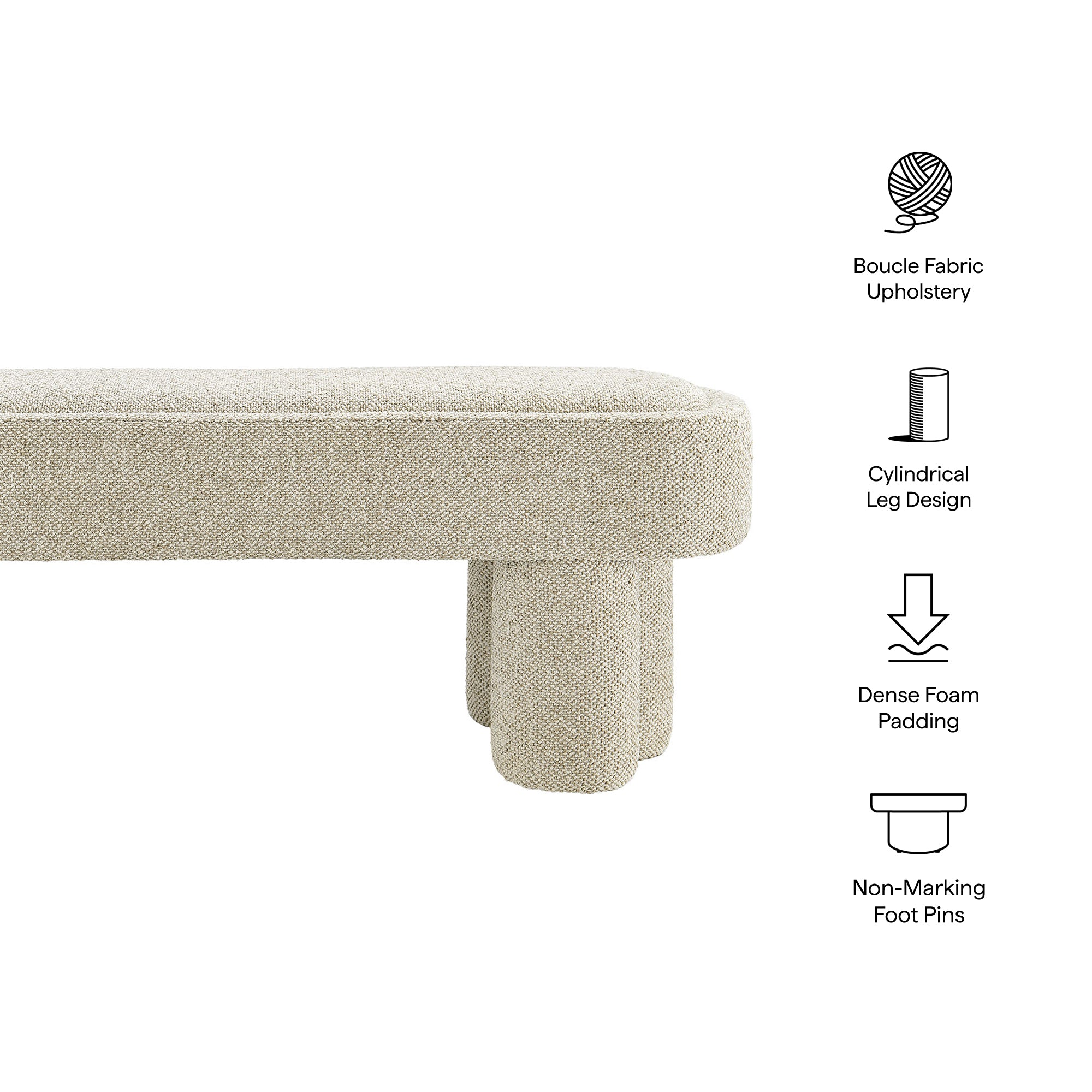 Mossi 52-Inch Oval Boucle Fabric Bench, Marble