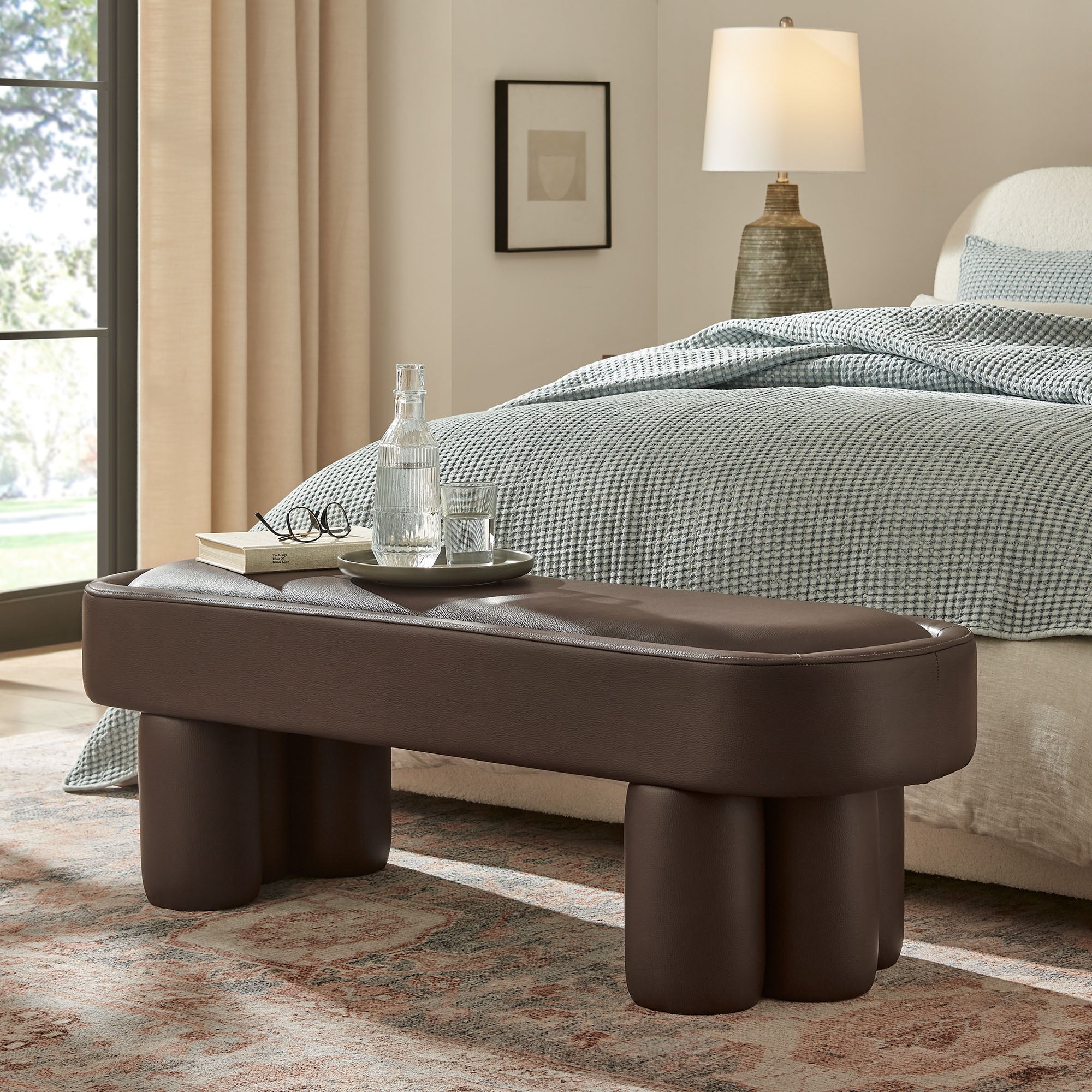 Mossi 52-Inch Oval Vegan Leather Bench, Espresso