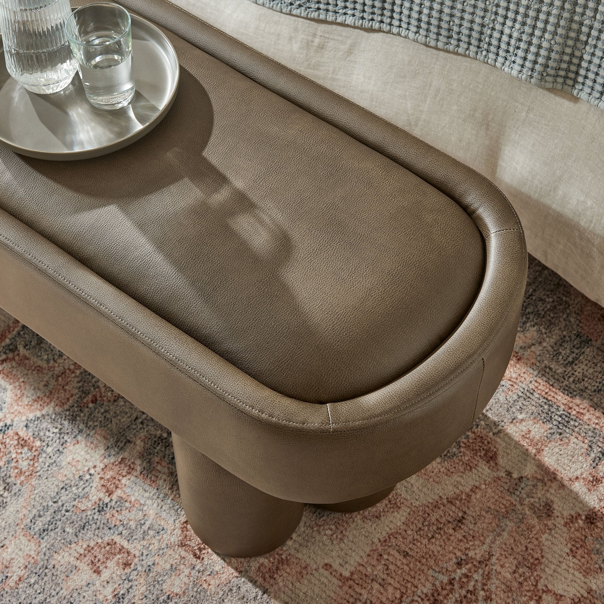 Mossi 52-Inch Oval Vegan Leather Bench, Mushroom