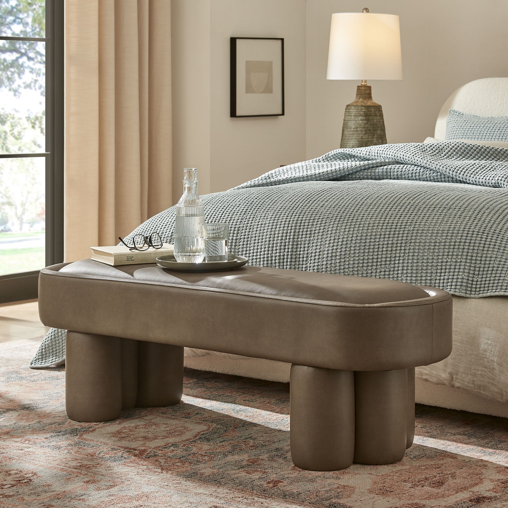 Mossi 52-Inch Oval Vegan Leather Bench, Mushroom