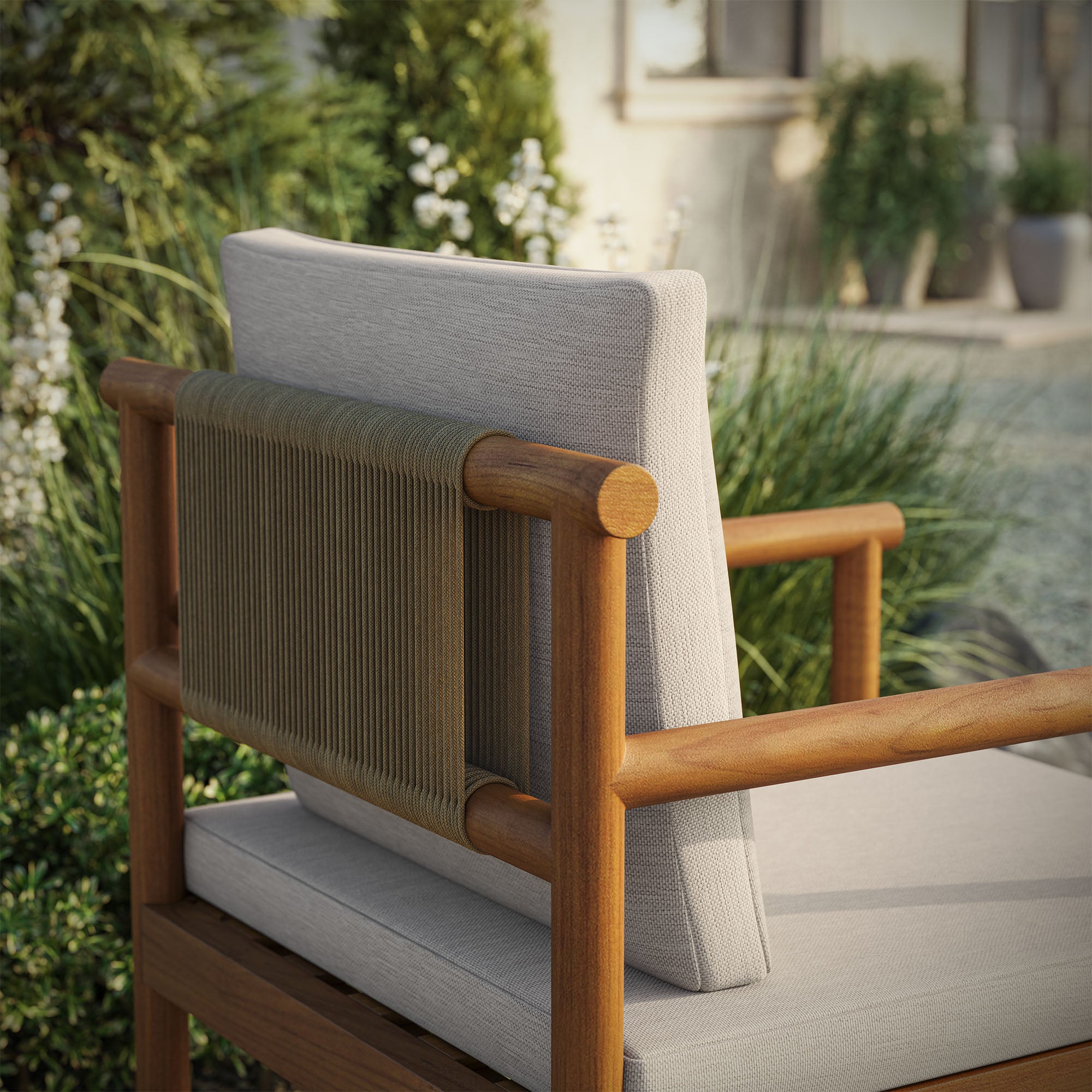 Eleni Outdoor Patio Teak Wood Rope Dining Chair, Natural Sail