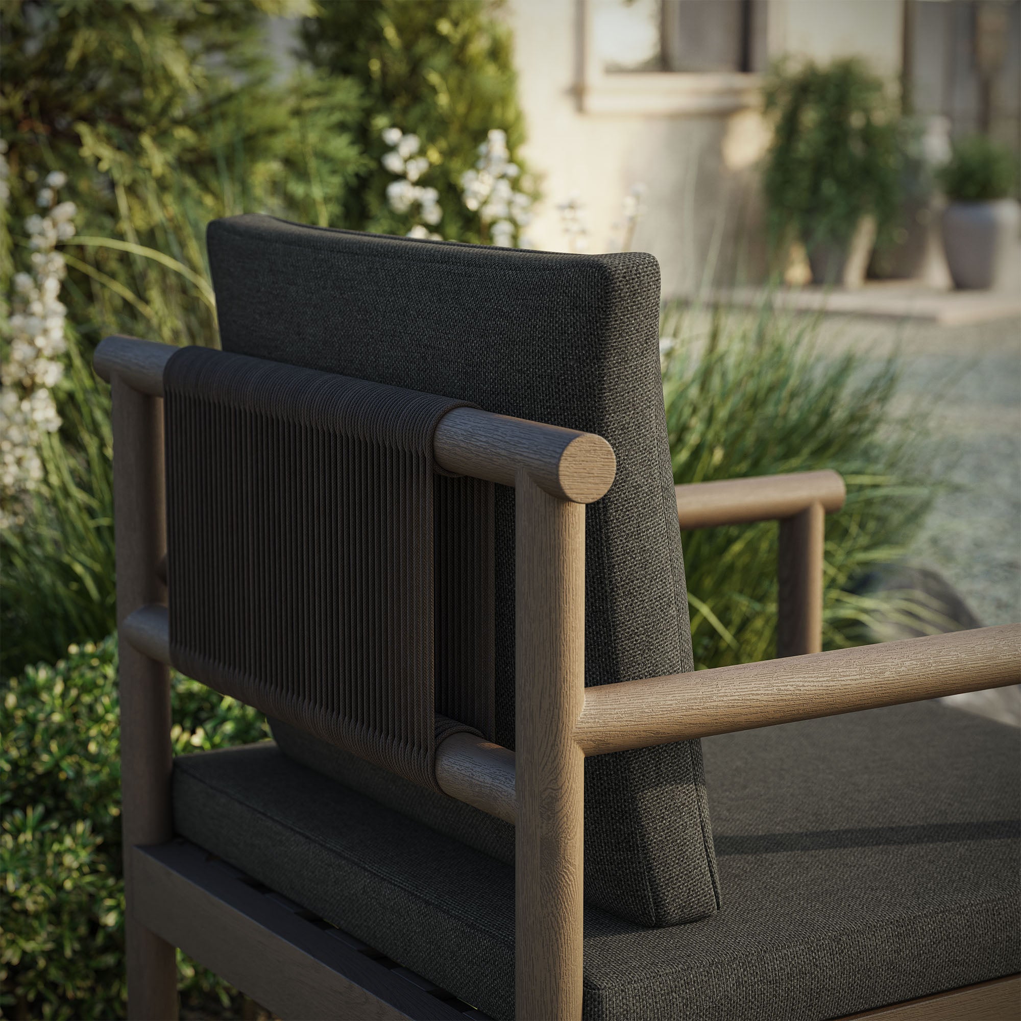 Eleni Outdoor Patio Teak Wood Rope Dining Chair, Weathered Gray Flint