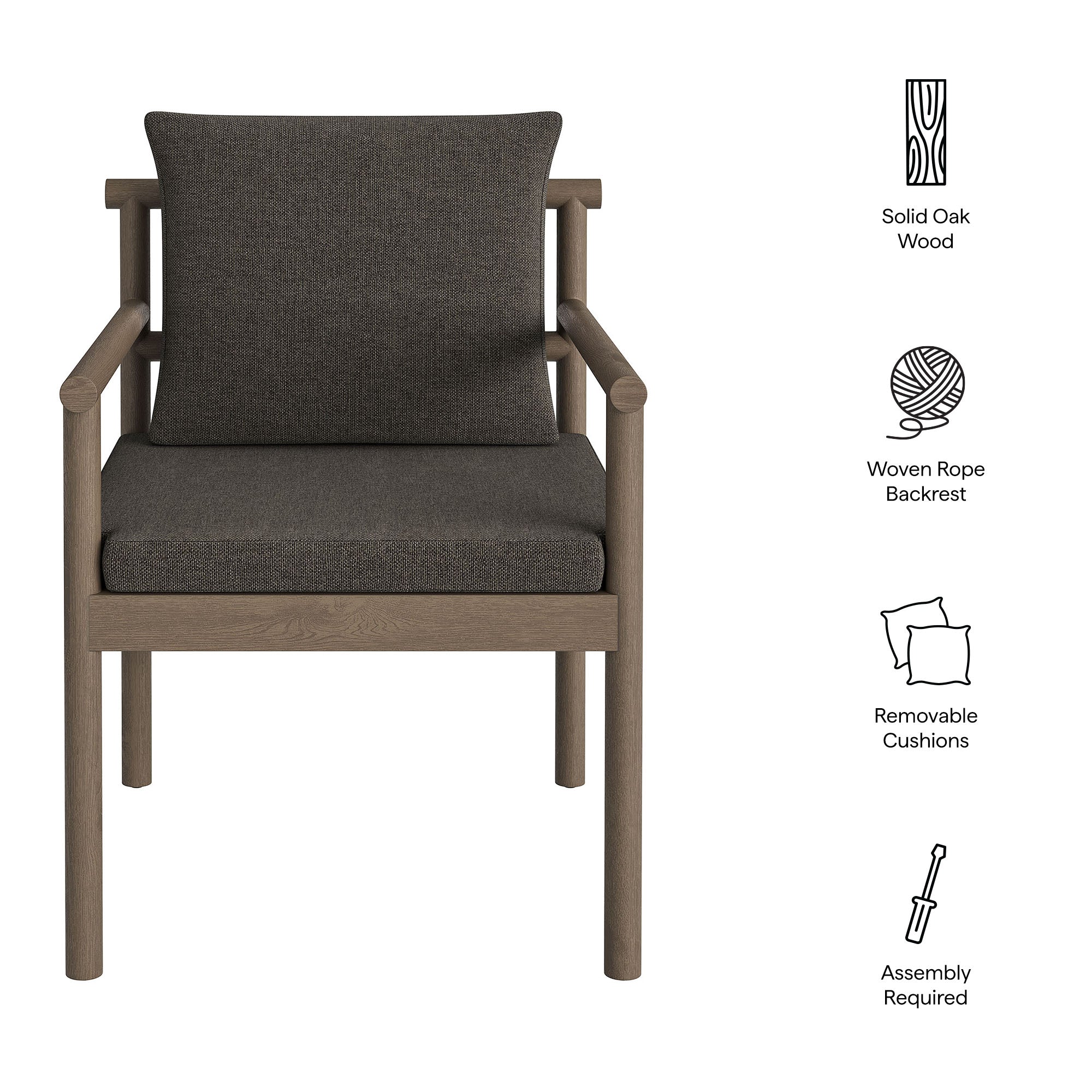 Eleni Outdoor Patio Teak Wood Rope Dining Chair, Weathered Gray Flint