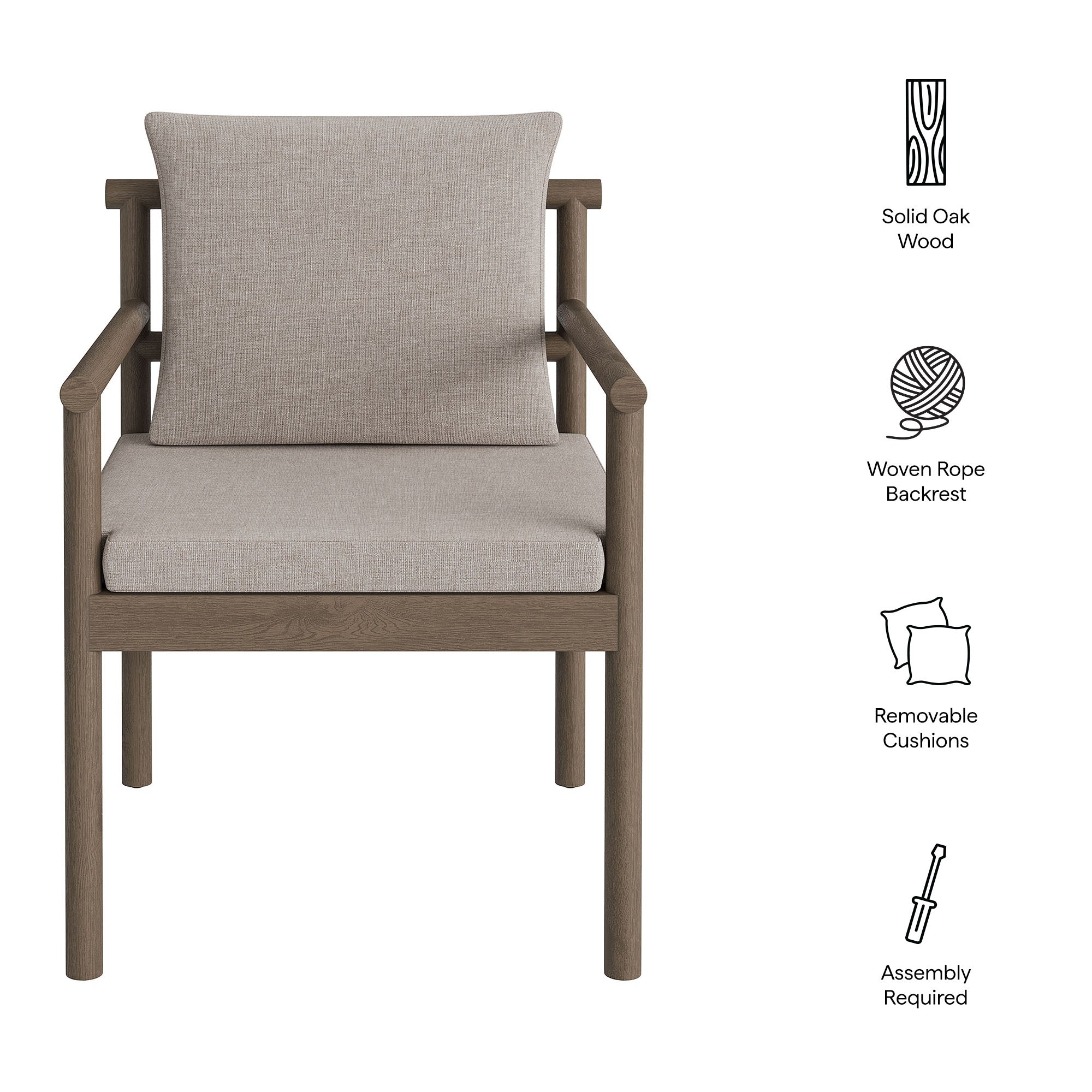 Eleni Outdoor Patio Teak Wood Rope Dining Chair, Weathered Gray Pebble