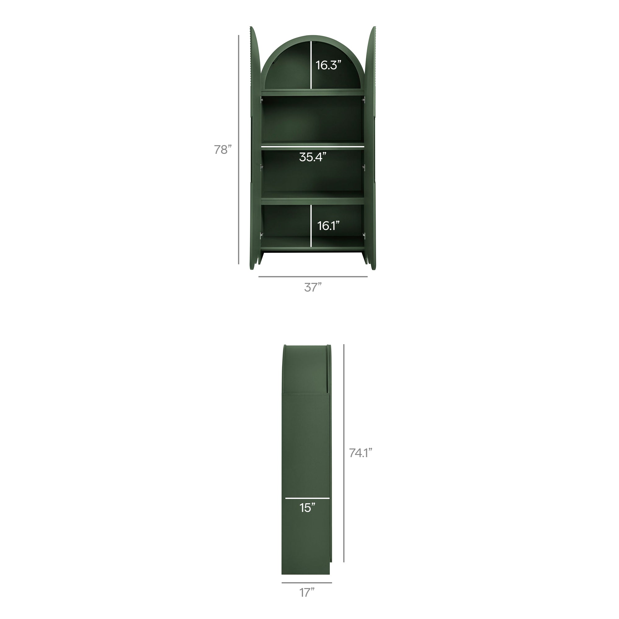 Dahlia 78 Inch Fluted and Scalloped Arched Storage Cabinet, Hunter Green