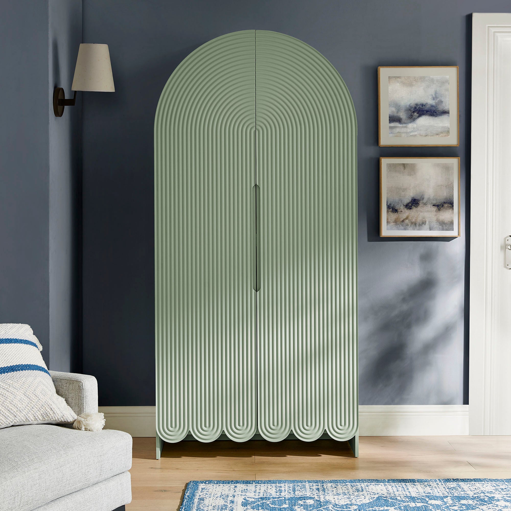 Dahlia 78 Inch Fluted and Scalloped Arched Storage Cabinet, Sage