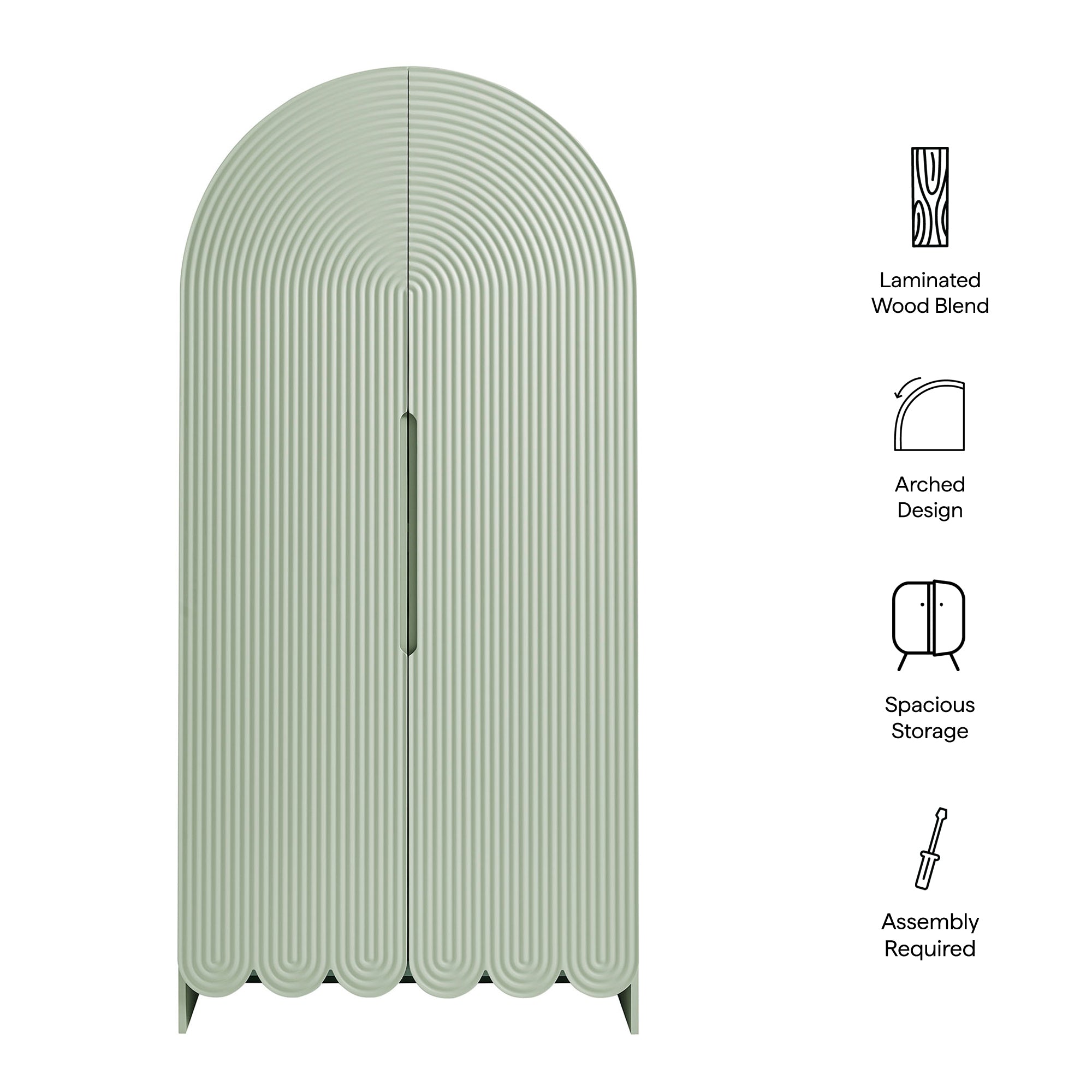 Dahlia 78 Inch Fluted and Scalloped Arched Storage Cabinet, Sage
