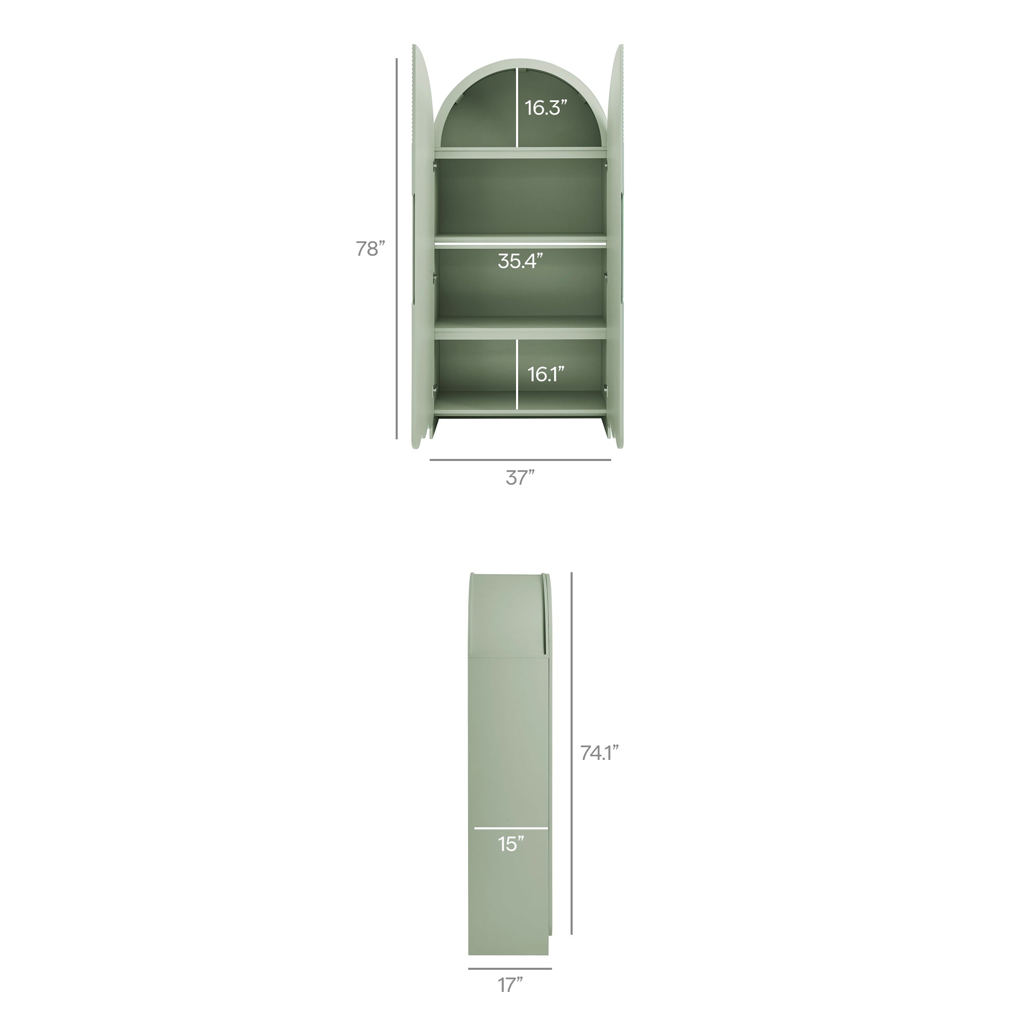 Dahlia 78 Inch Fluted and Scalloped Arched Storage Cabinet, Sage