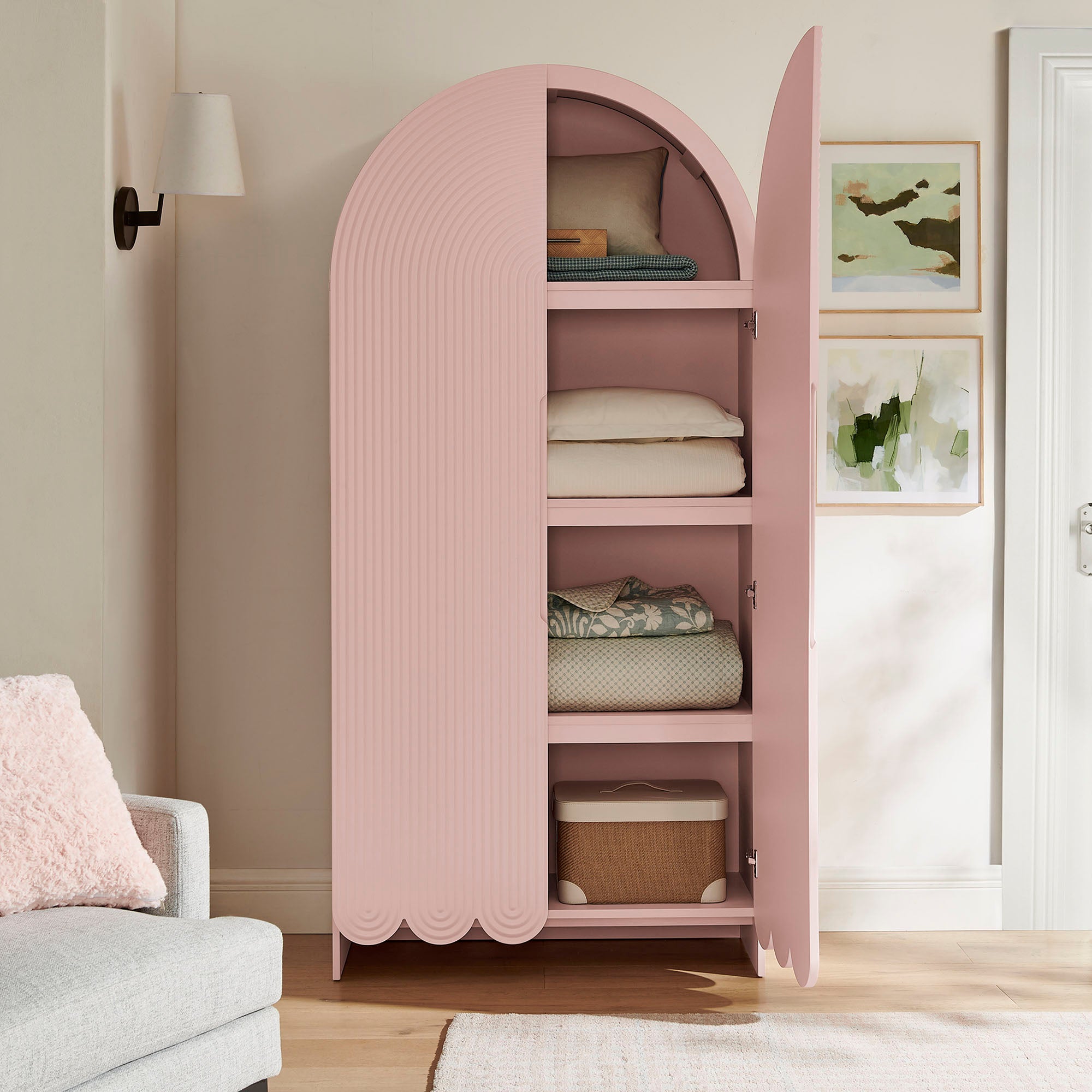 Dahlia 78 Inch Fluted and Scalloped Arched Storage Cabinet, Soft Pink