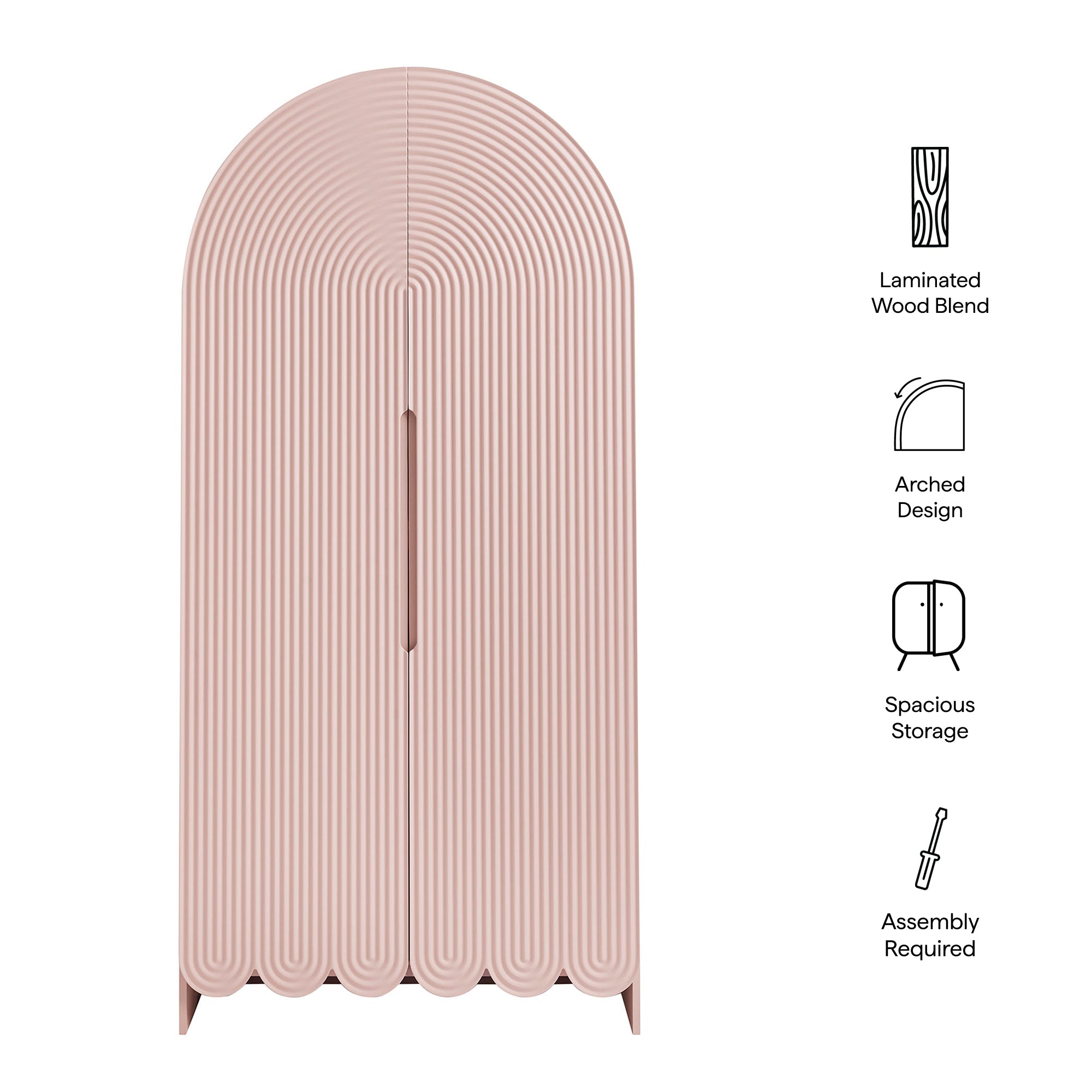 Dahlia 78 Inch Fluted and Scalloped Arched Storage Cabinet, Soft Pink