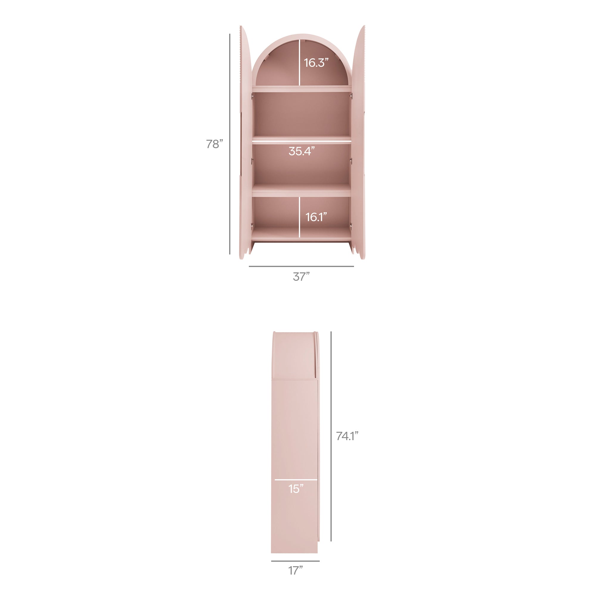 Dahlia 78 Inch Fluted and Scalloped Arched Storage Cabinet, Soft Pink
