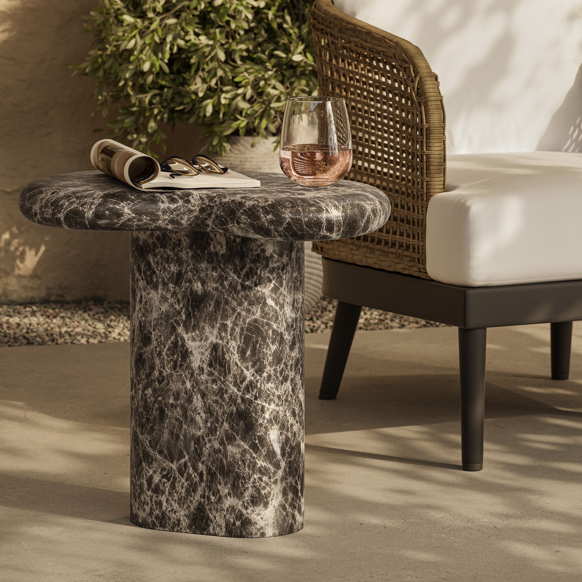 Elowen Outdoor Patio Faux Marble Side Table, Dark Emperador Marble