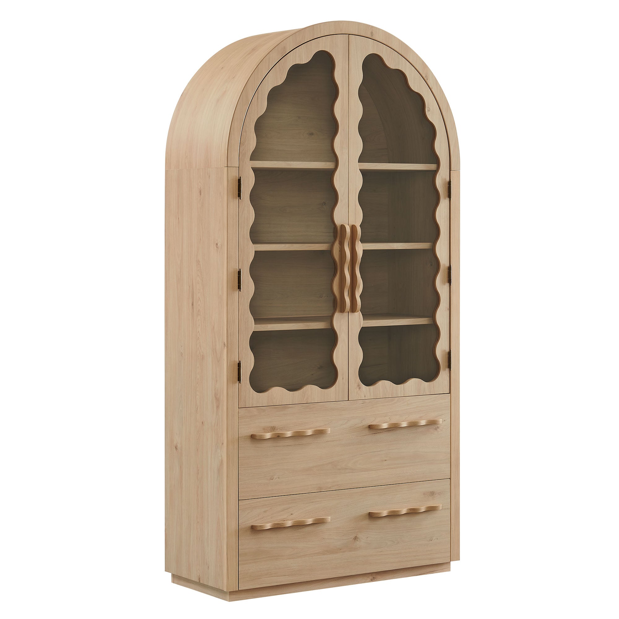 Rory 76 Inch Arched Kitchen Pantry Display Cabinet, Light Oak