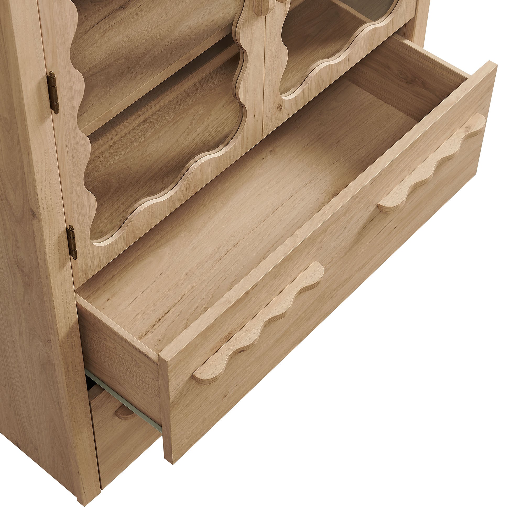 Rory 76 Inch Arched Kitchen Pantry Display Cabinet, Light Oak