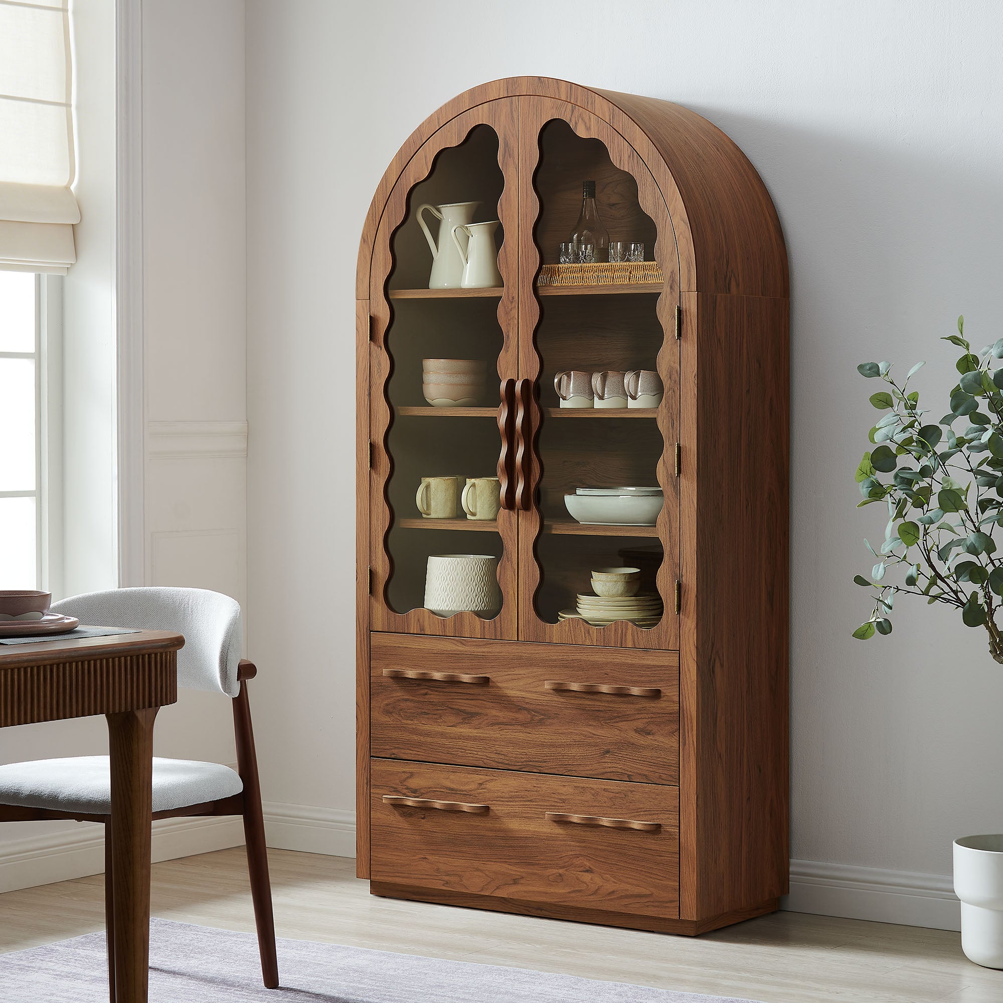 Rory 76 Inch Arched Kitchen Pantry Display Cabinet, Walnut