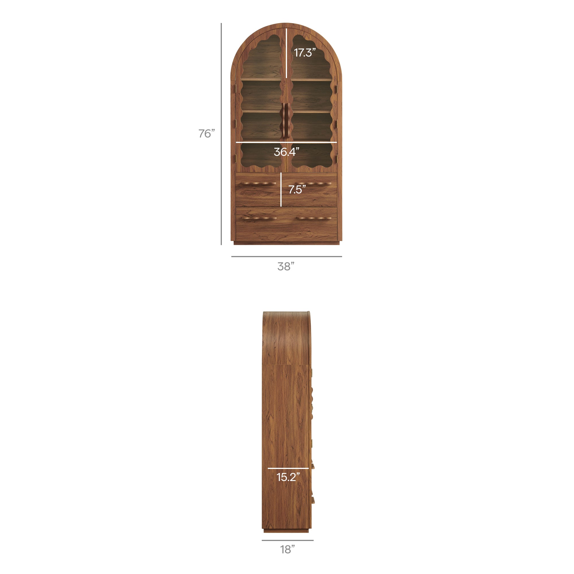 Rory 76 Inch Arched Kitchen Pantry Display Cabinet, Walnut