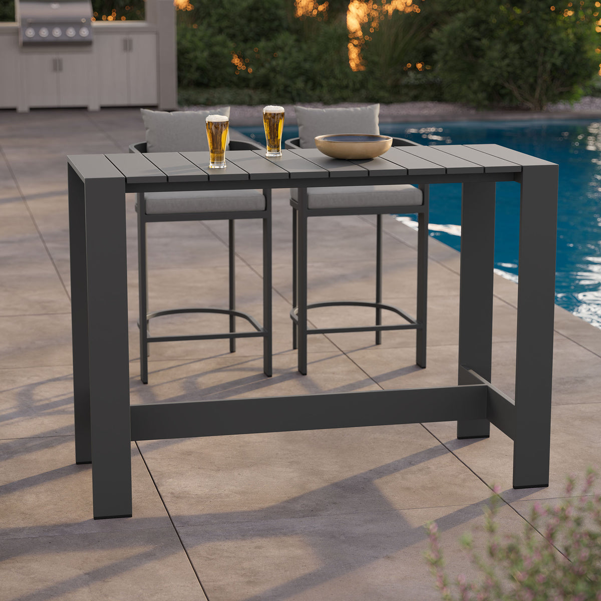 Tahoe 59 Inch Rectangle Outdoor Patio Aluminum Bar Table, Gray