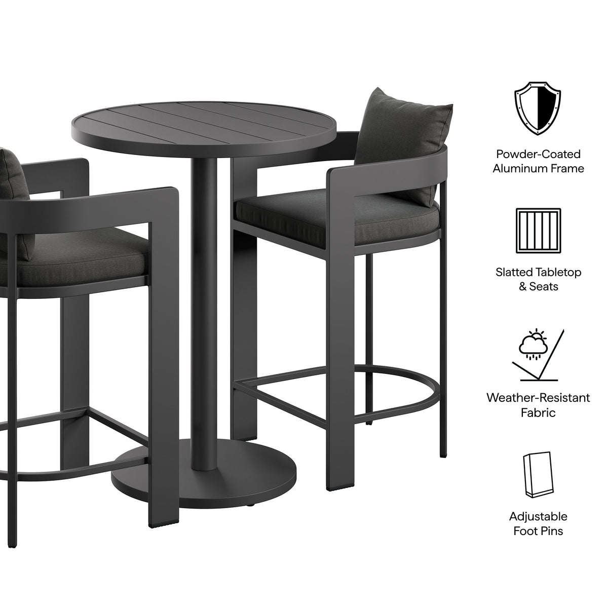 Tahoe 3-Piece Outdoor Patio Aluminum Bar Set, Charcoal