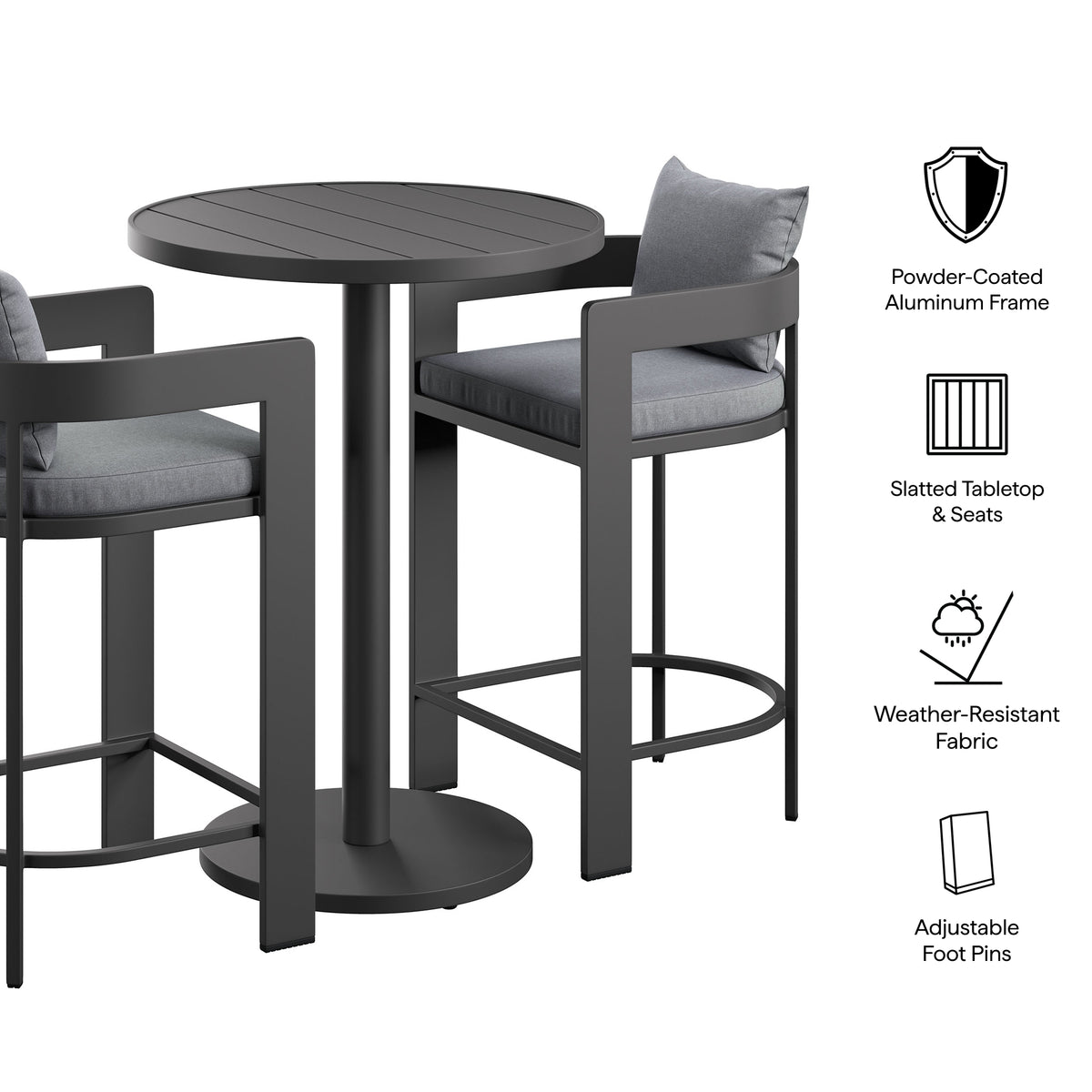 Tahoe 3-Piece Outdoor Patio Aluminum Bar Set, Gray