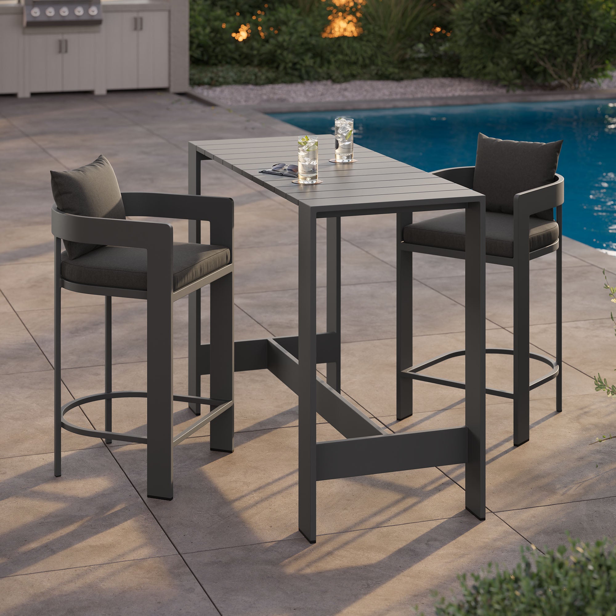 Tahoe 3-Piece Outdoor Patio Aluminum Bar Table Set, Charcoal