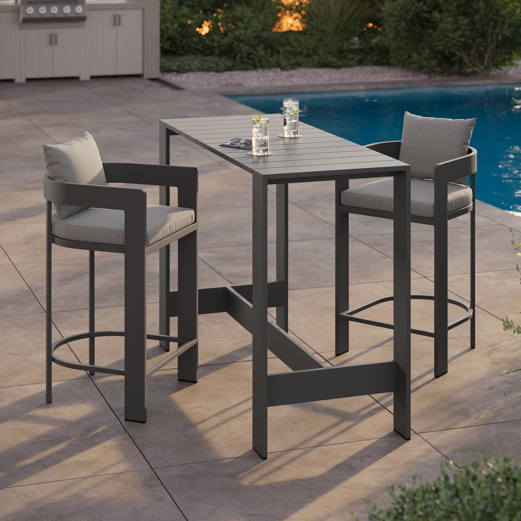 Tahoe 3-Piece Outdoor Patio Aluminum Bar Table Set, Gray