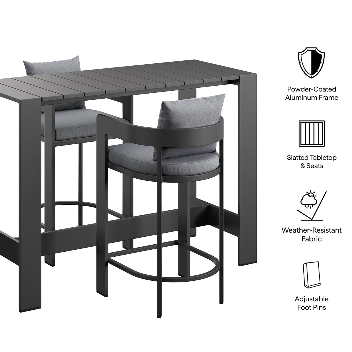 Tahoe 3-Piece Outdoor Patio Aluminum Bar Table Set, Gray