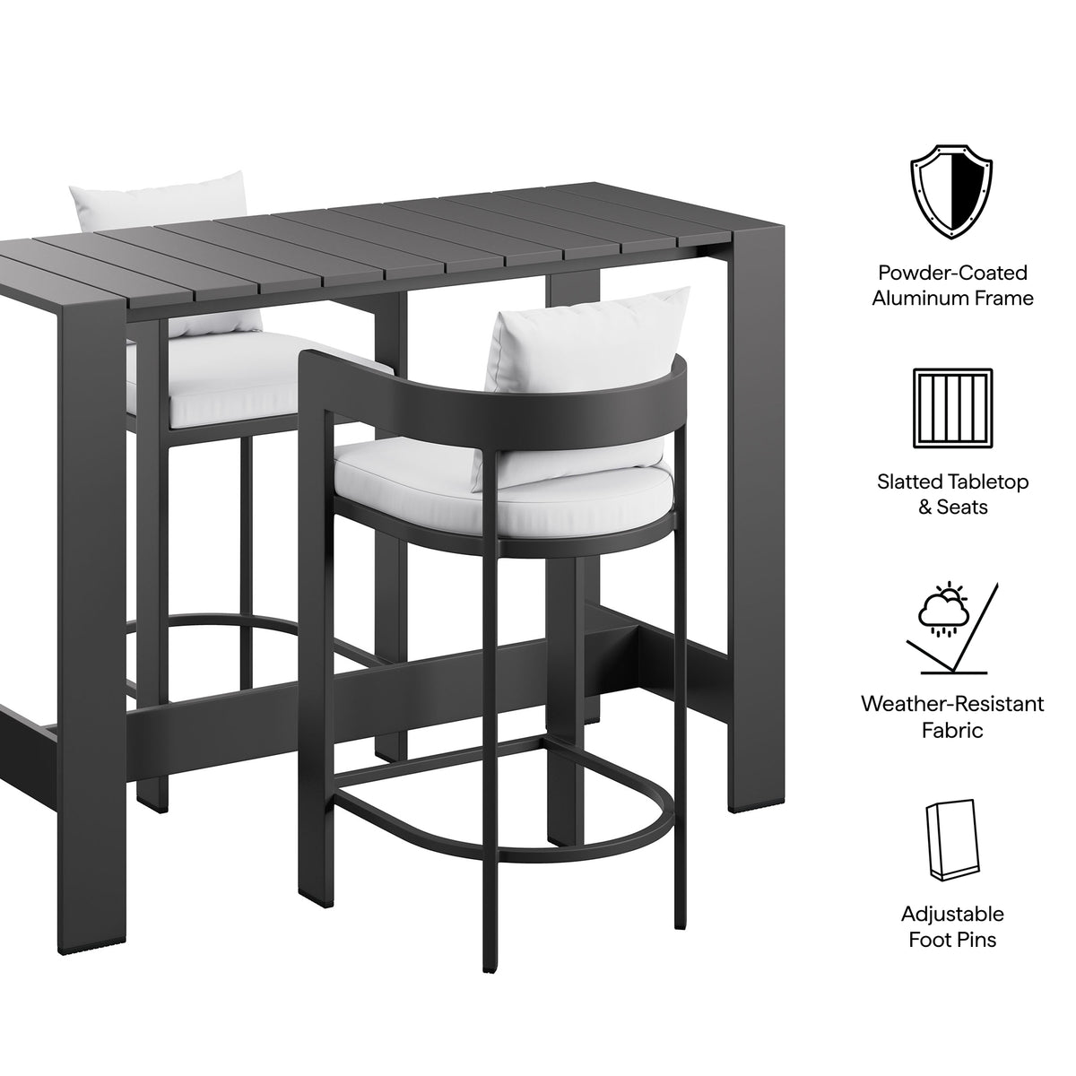 Tahoe 3-Piece Outdoor Patio Aluminum Bar Table Set, White