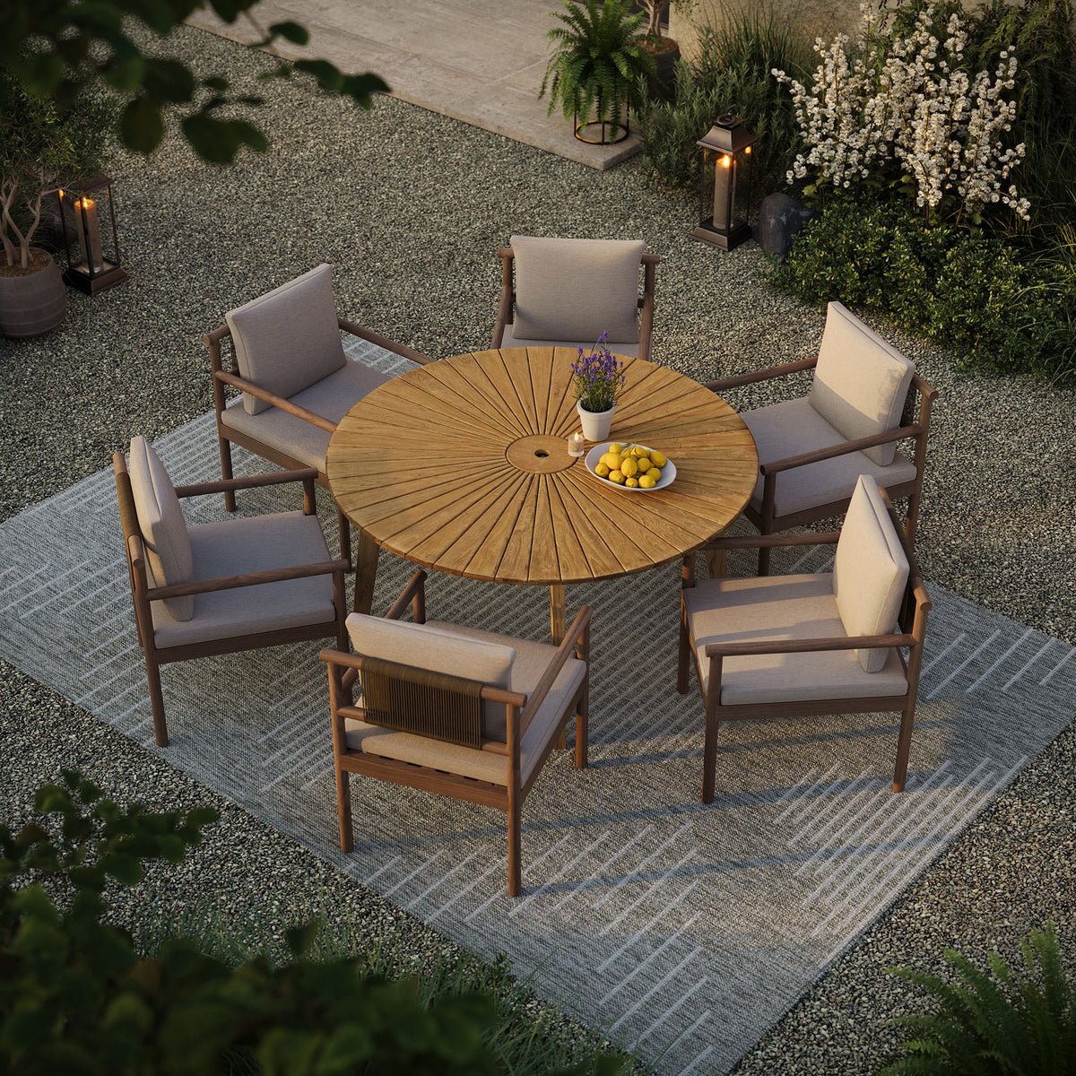 Cielo 59" Sunburst Outdoor Patio Teak Dining Table, Natural