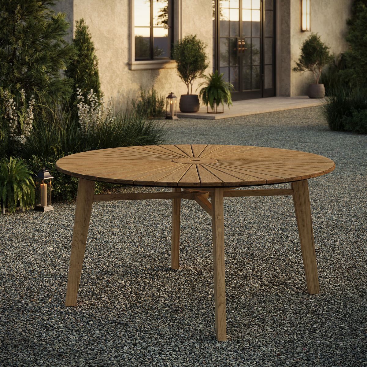 Cielo 59" Sunburst Outdoor Patio Teak Dining Table, Natural
