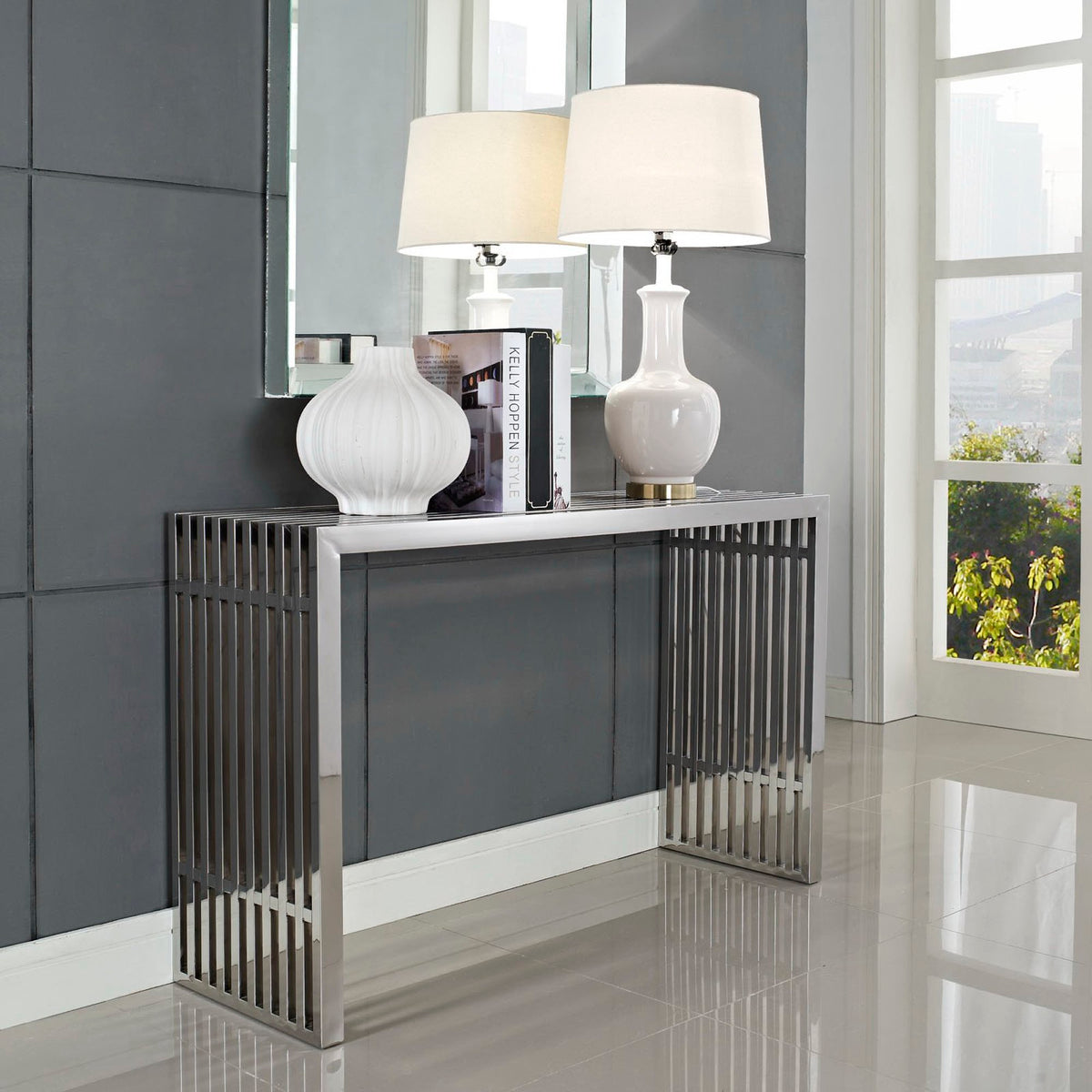 Gridiron Console Table, Silver
