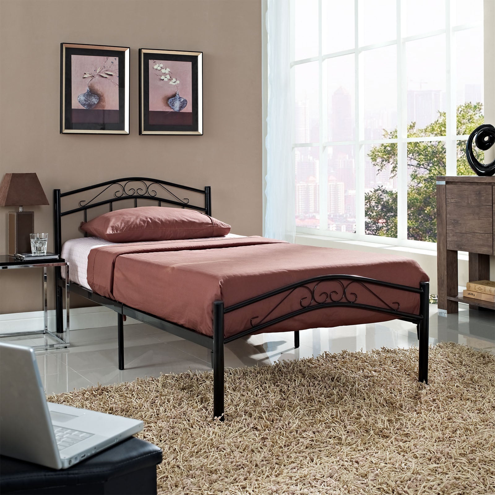 Norwyn Black Twin Metal Bed Frame  Welded Construction with Arc-Shaped Headboard