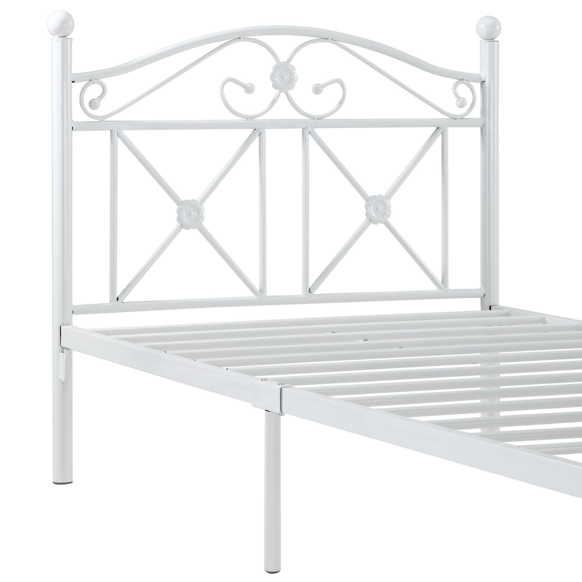 Lazzaro White Twin Metal Bed Frame  High Gloss Platform with Decorative Posts