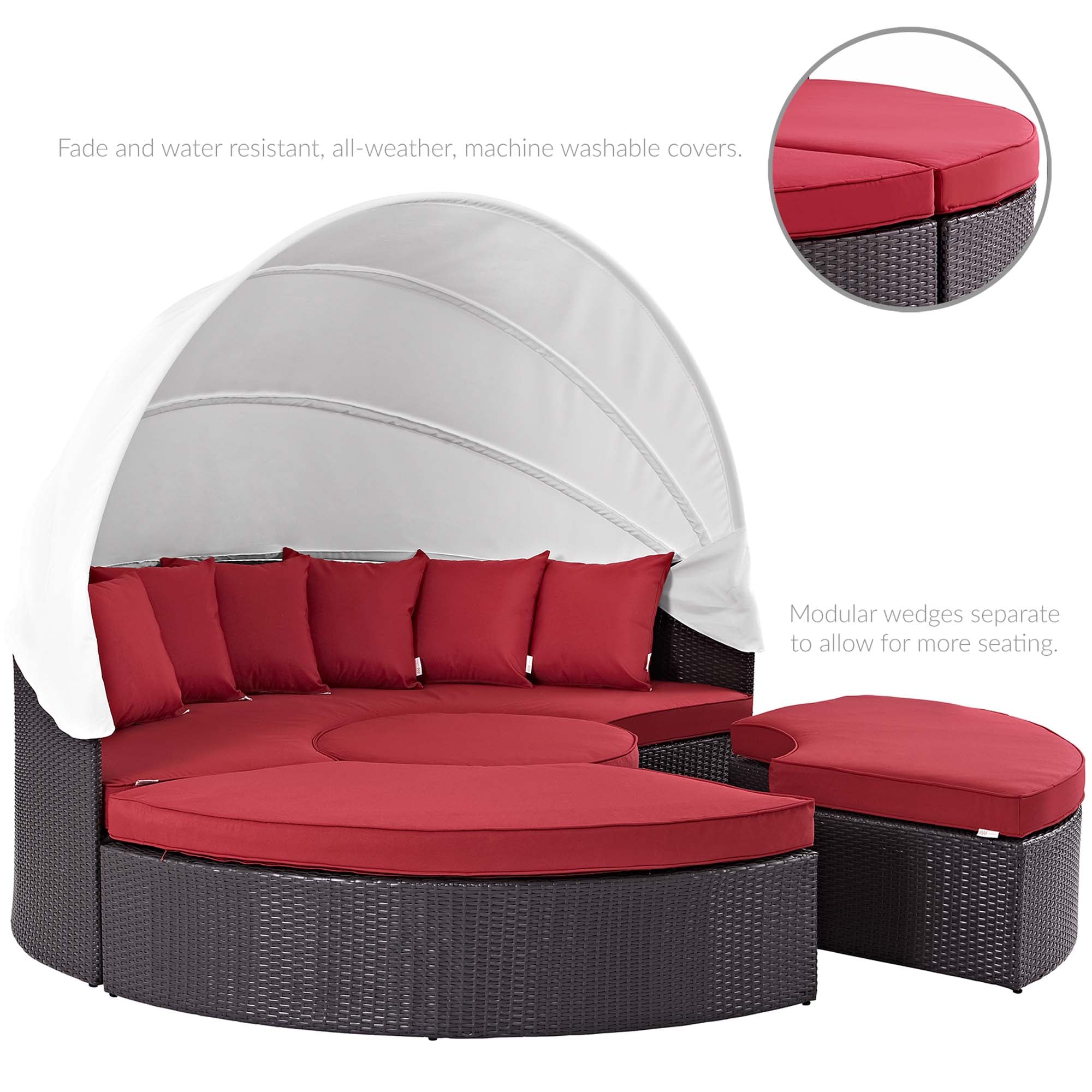 Quest Outdoor Patio Wicker Rattan Canopy Sectional Daybed, Espresso Red