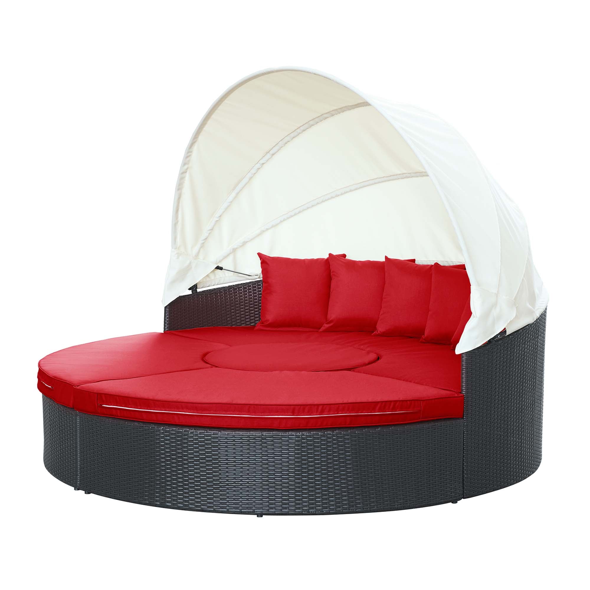 Quest Outdoor Patio Wicker Rattan Canopy Sectional Daybed, Espresso Red