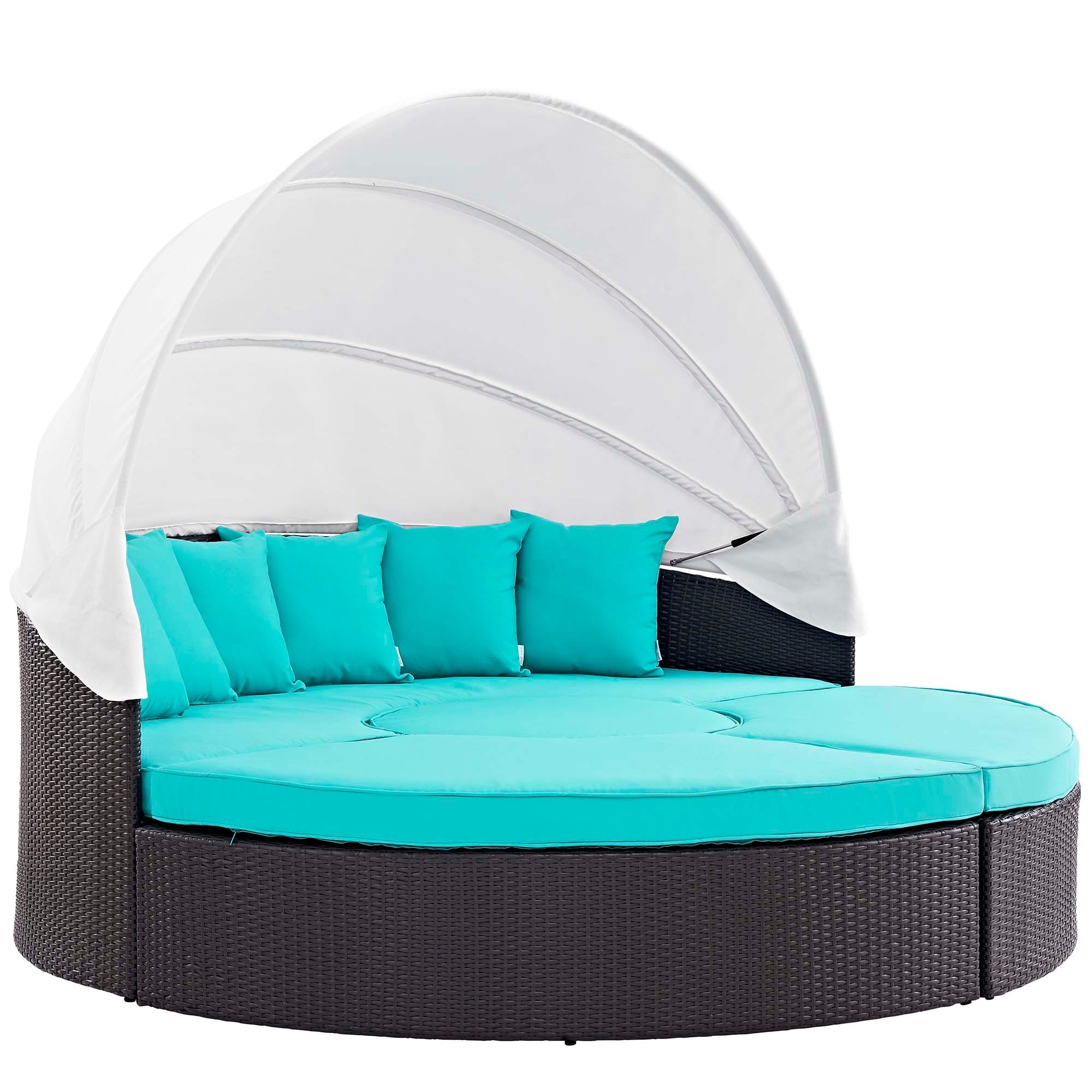 Quest Outdoor Patio Wicker Rattan Canopy Sectional Daybed, Espresso Turquoise
