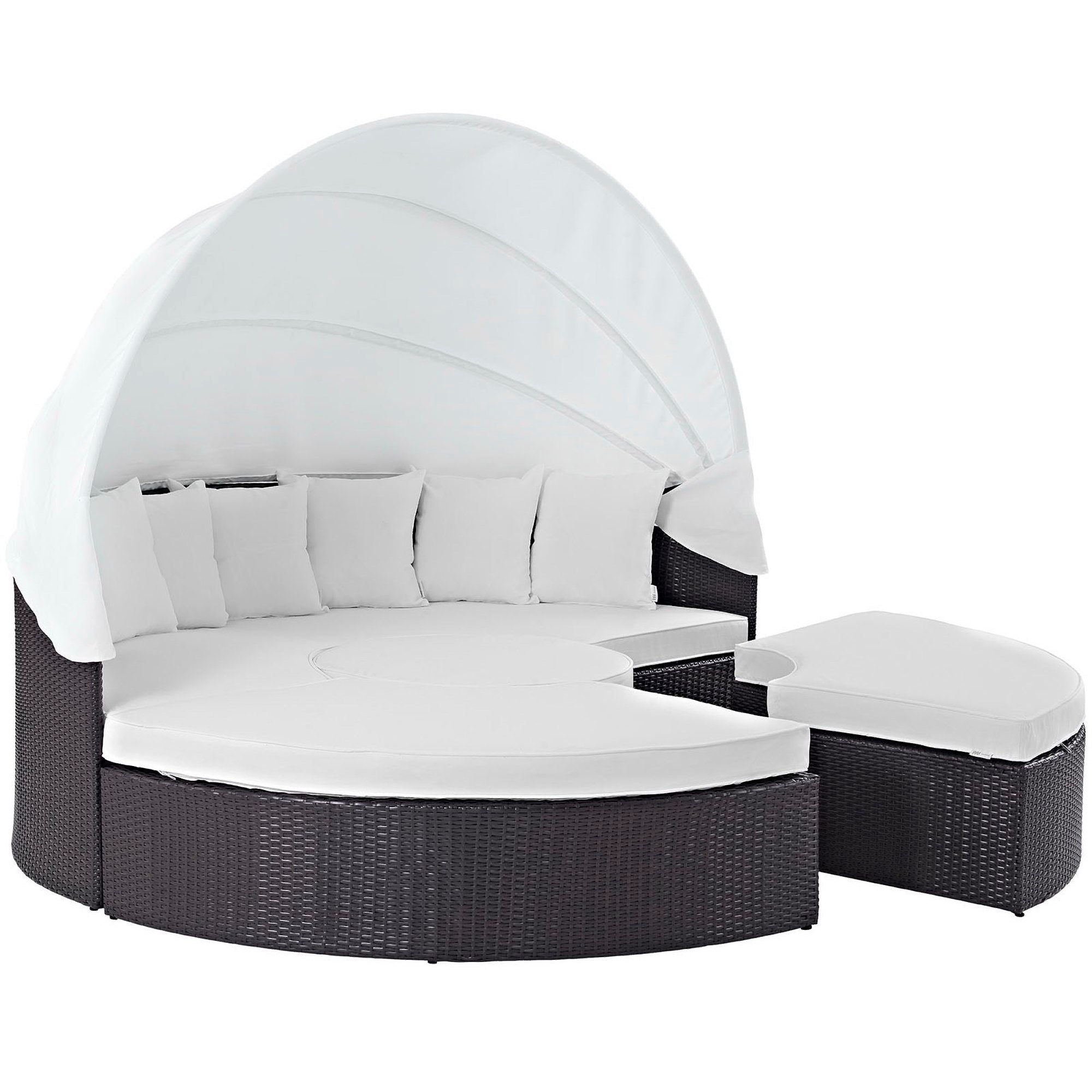 Quest Outdoor Patio Wicker Rattan Canopy Sectional Daybed, Espresso White