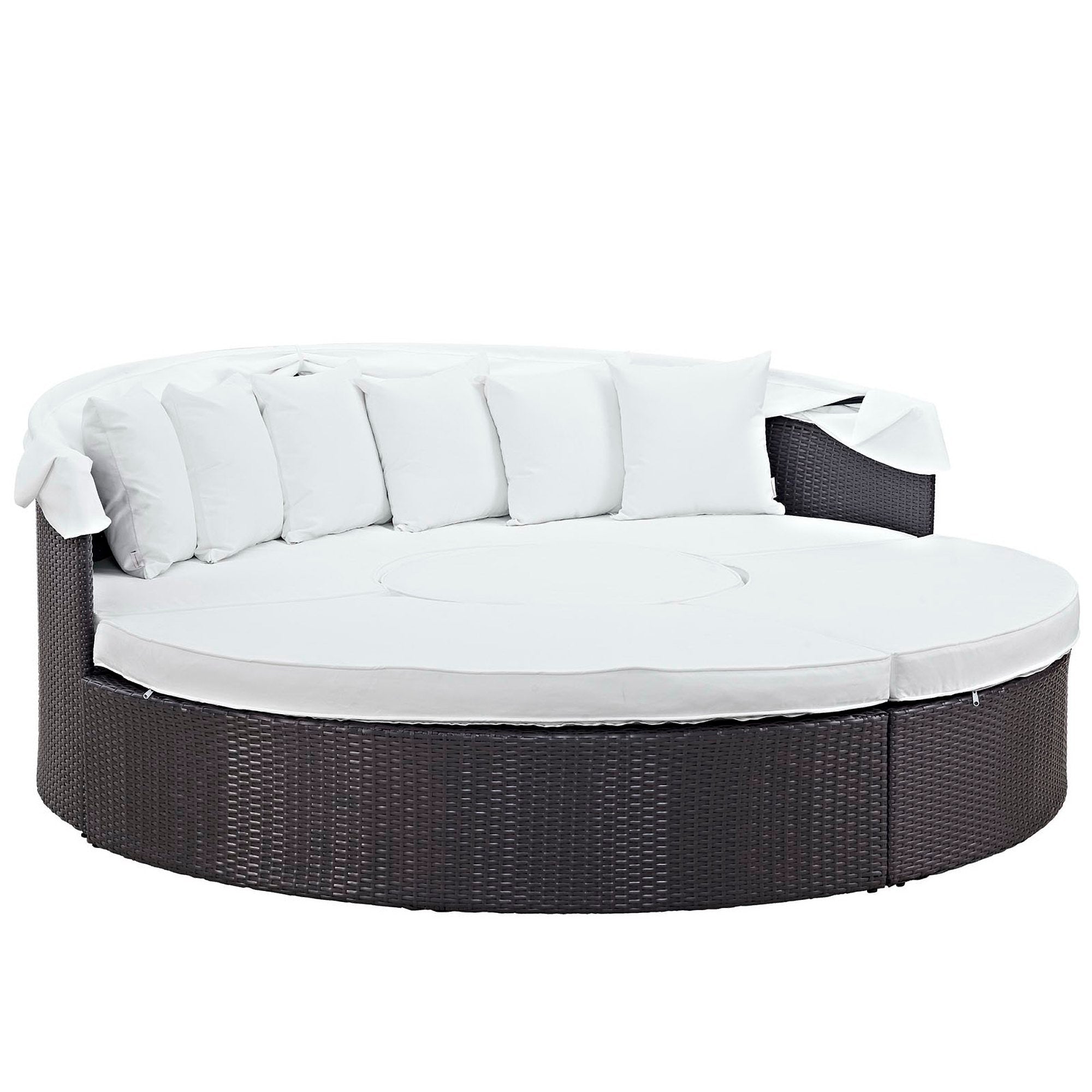 Quest Outdoor Patio Wicker Rattan Canopy Sectional Daybed, Espresso White