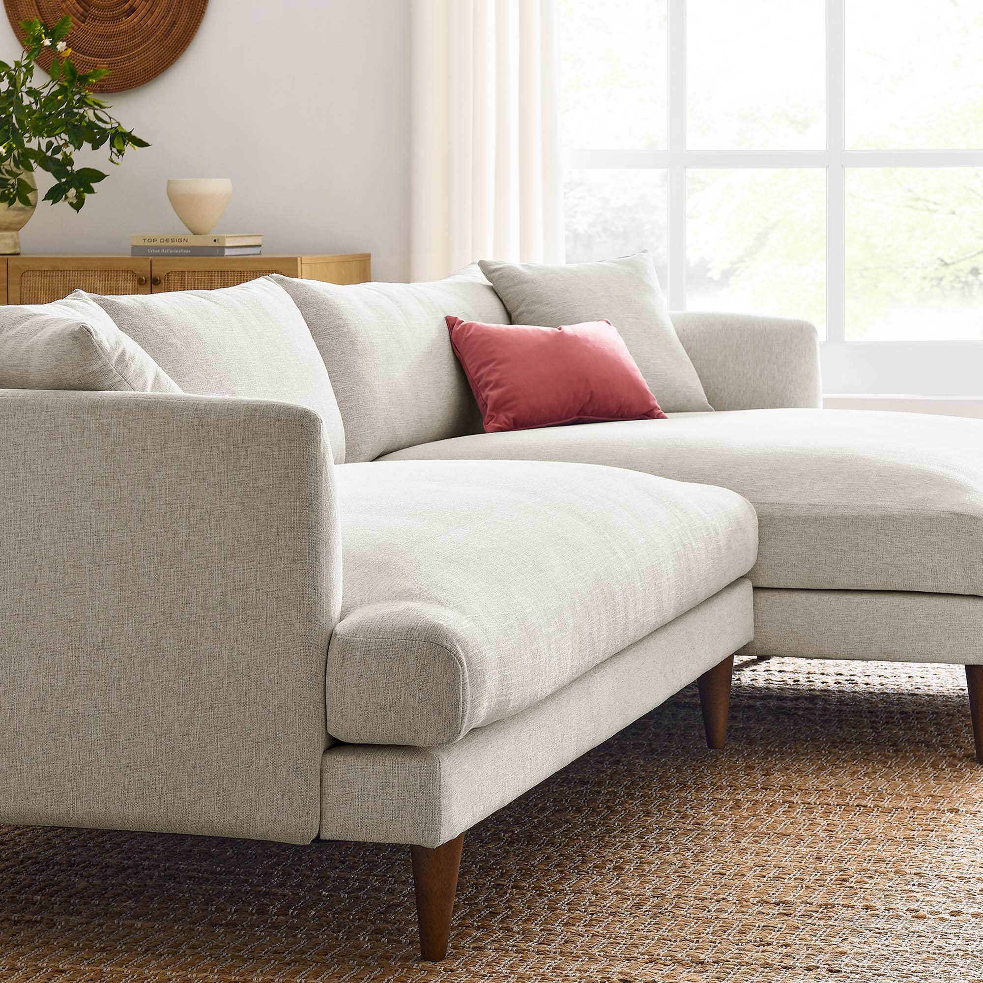 Zoya Right-Facing Down Filled Overstuffed Sectional Sofa, Heathered Weave Ivory