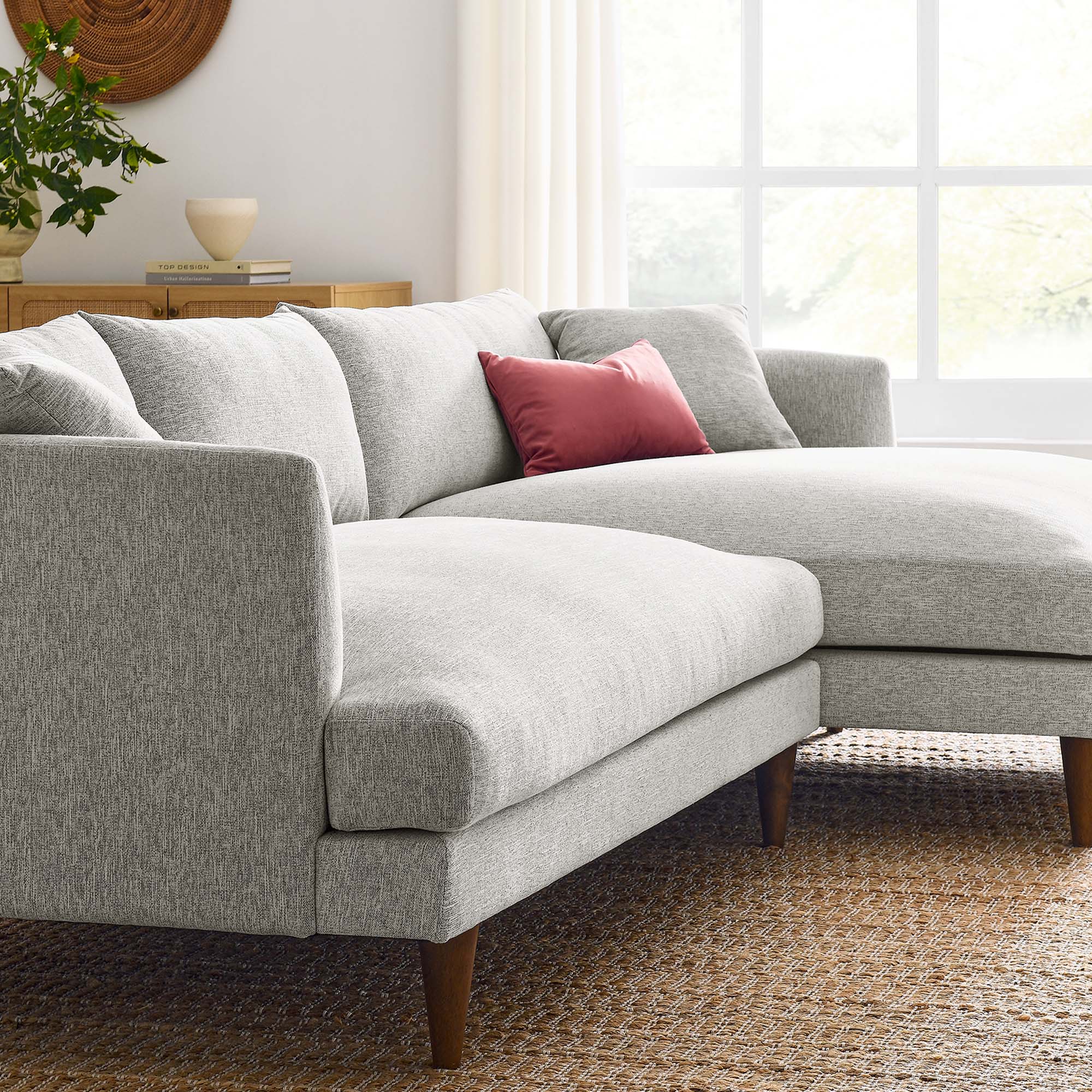 Zoya Right-Facing Down Filled Overstuffed Sectional Sofa, Heathered Weave Light Gray