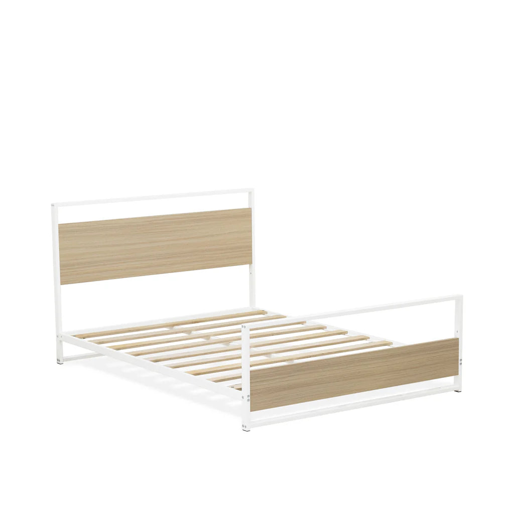 Erie Full Size Platform Bed Frame with 4 Metal Legs - High-class Bed in Powder Coating White Color and White Wood laminate